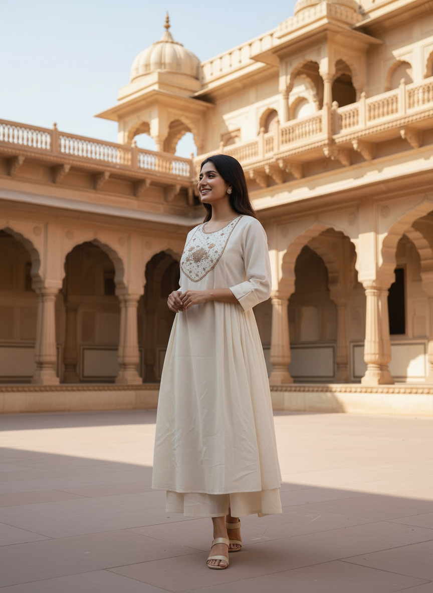 Off-White Cotton Dress with Zardozi & Pitta Work