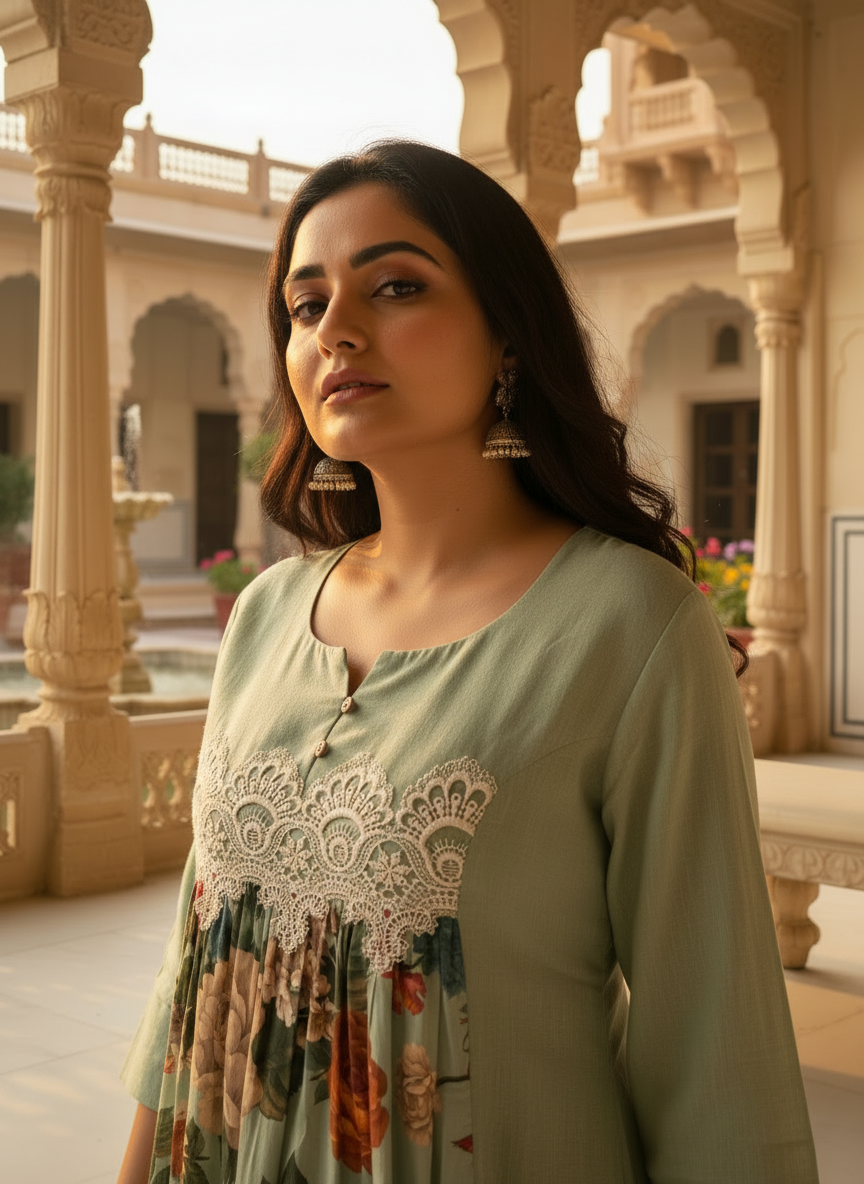 Pale Green Cotton Dress with Floral Satin Center Panel & Cutwork Lace