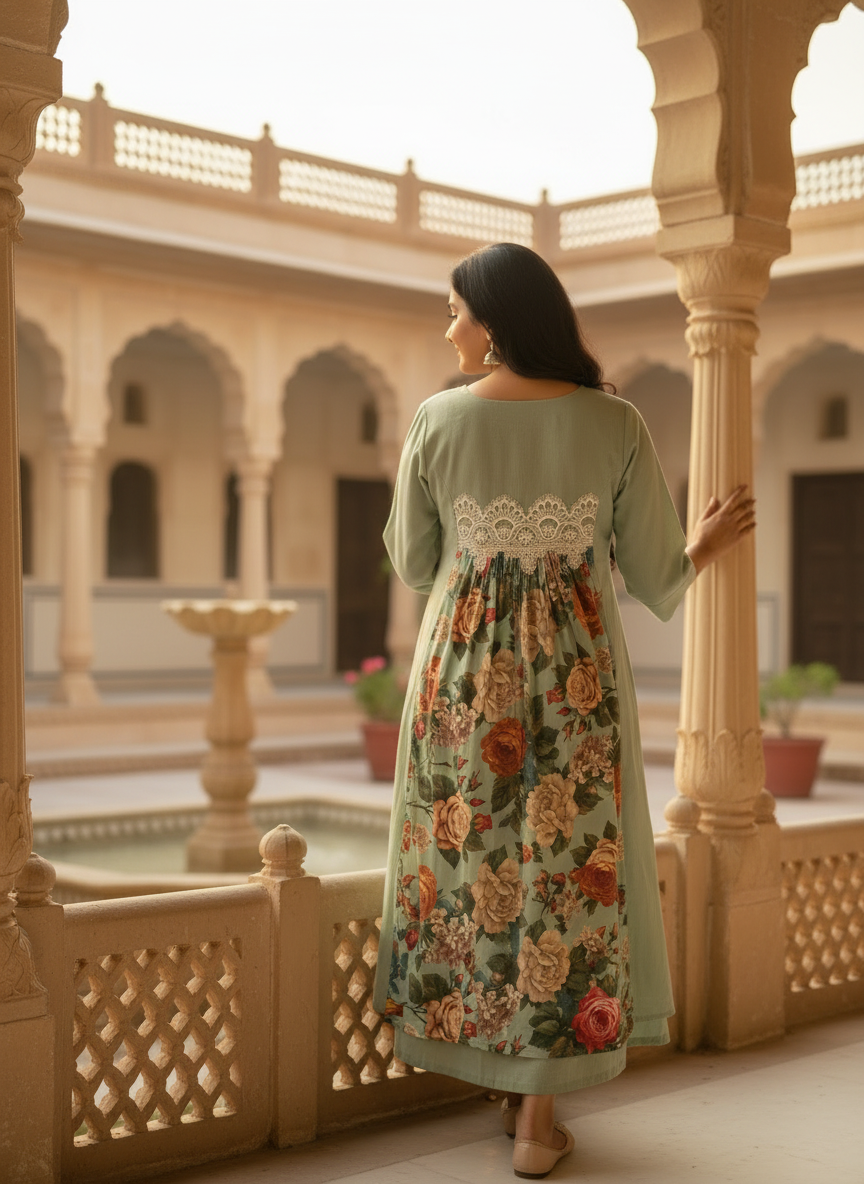 Pale Green Cotton Dress with Floral Satin Center Panel & Cutwork Lace