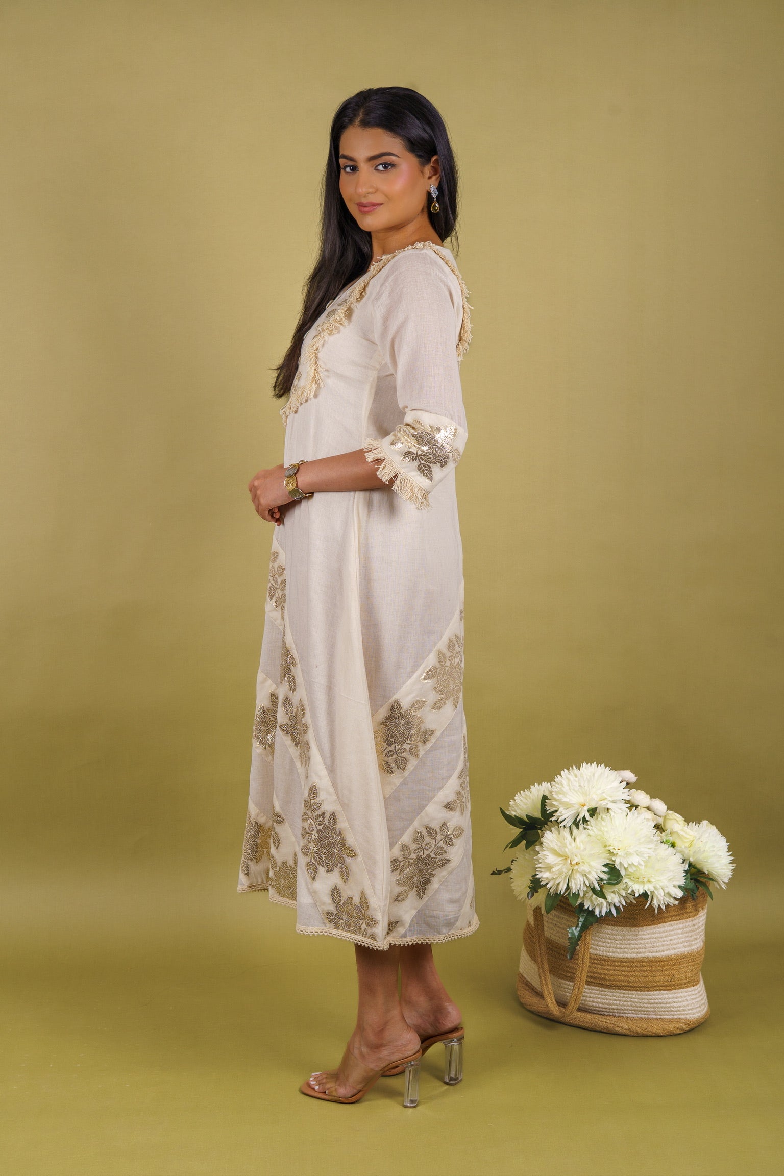 Off-white cotton dress with silver patti appliqué