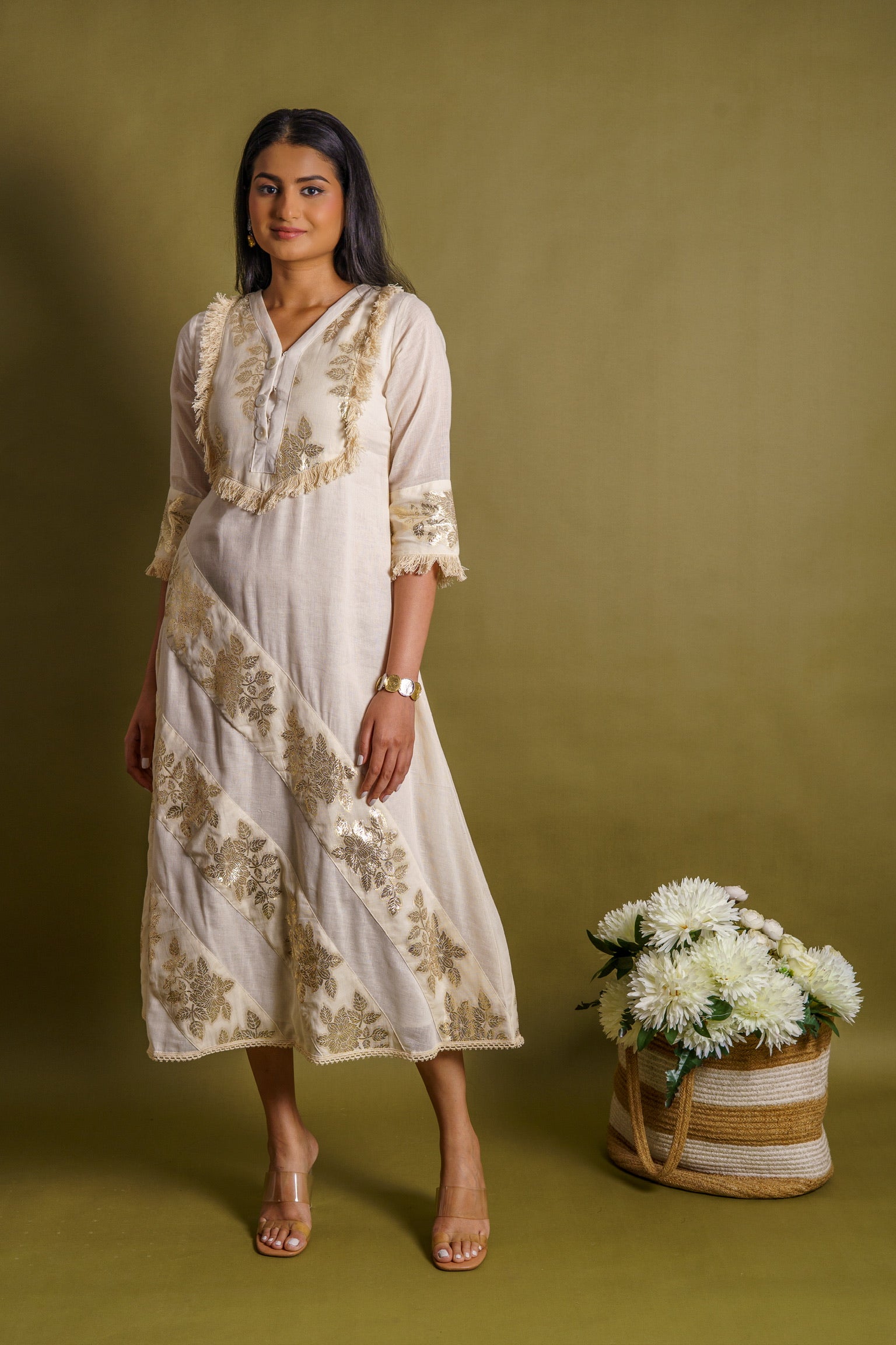 Off-white cotton dress with silver patti appliqué