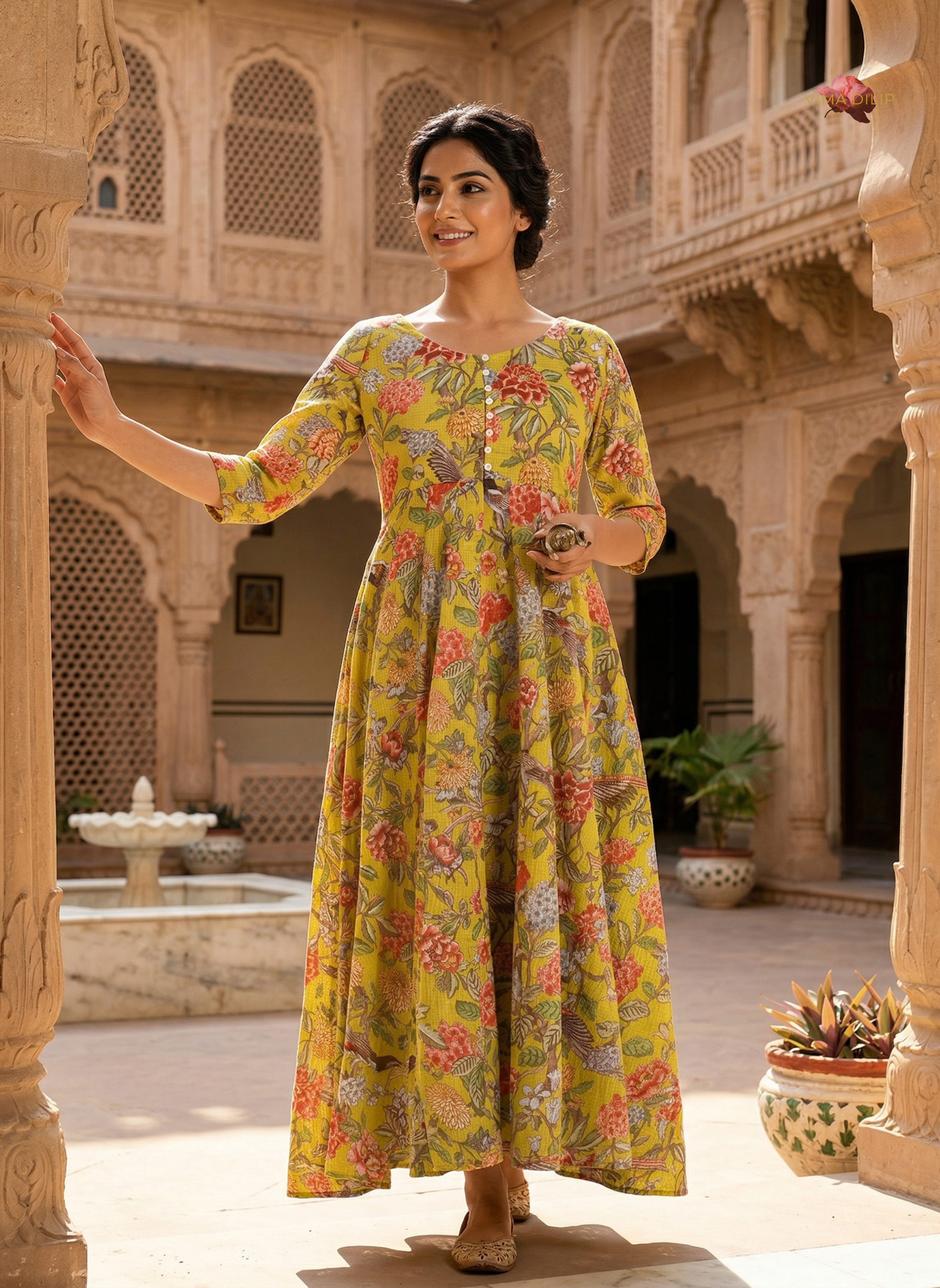 Mustard Floral Cotton Kota Dress with Kallies