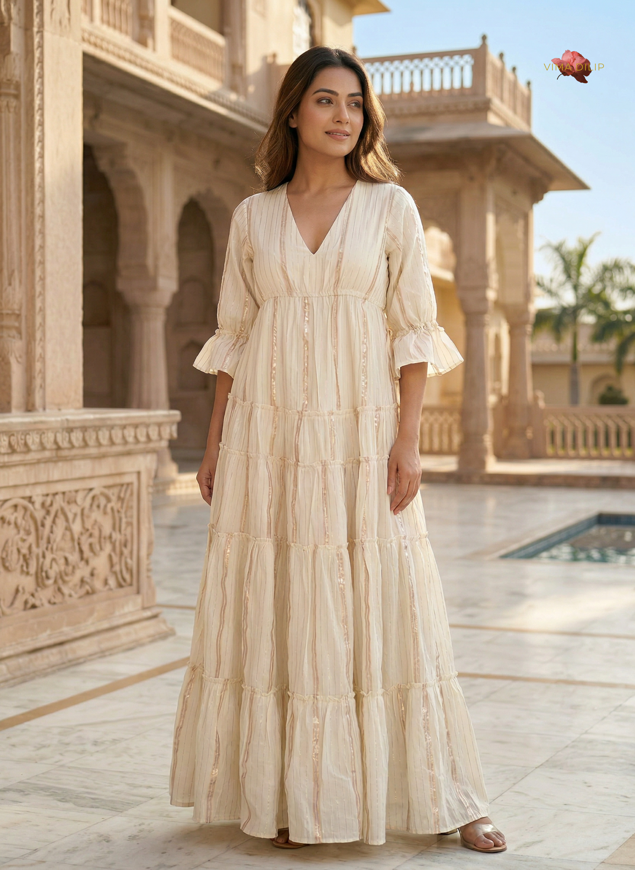 Golden Lined Off-White Layered Dress
