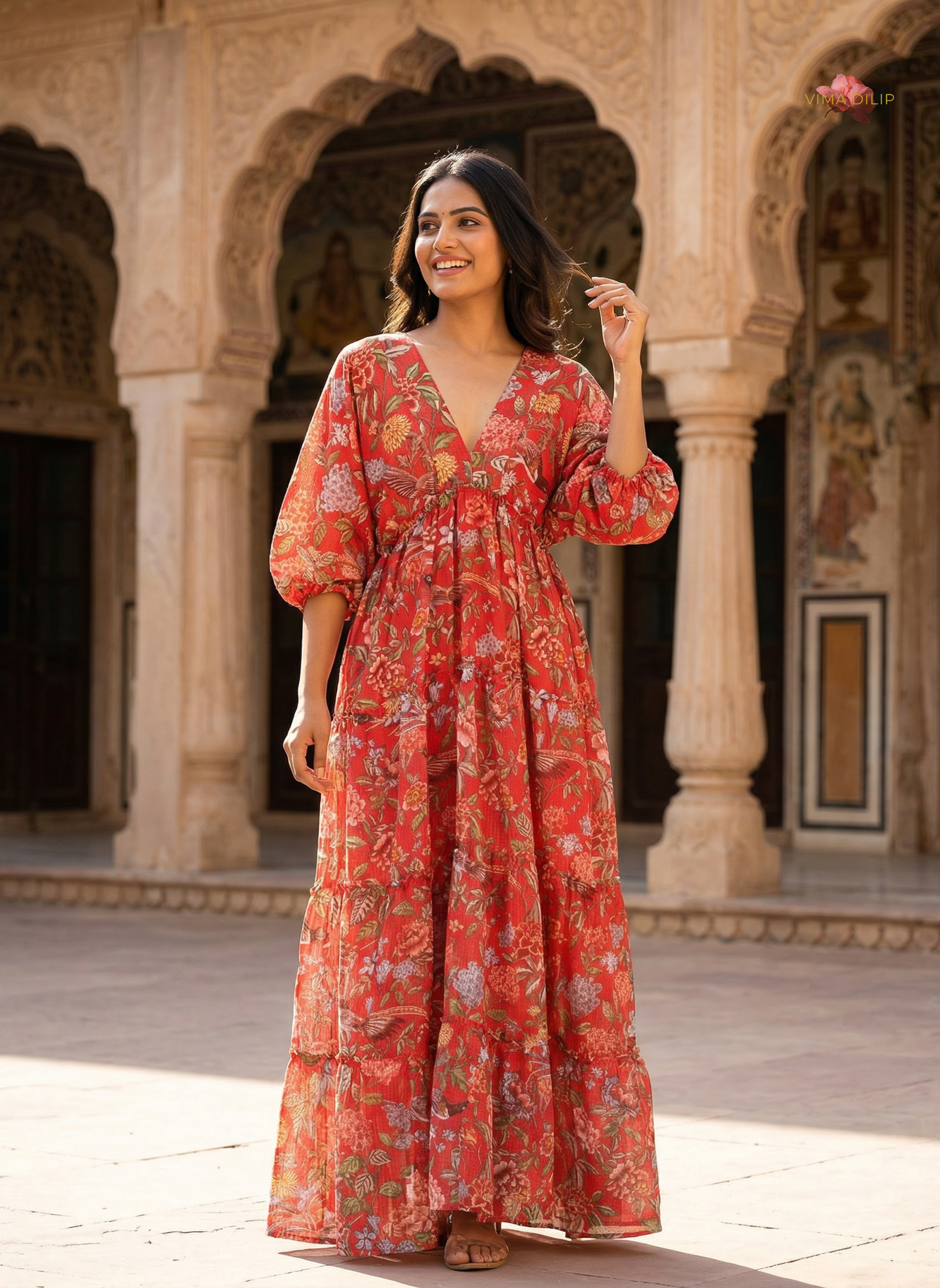 Red Floral Cotton Kota Layered Dress