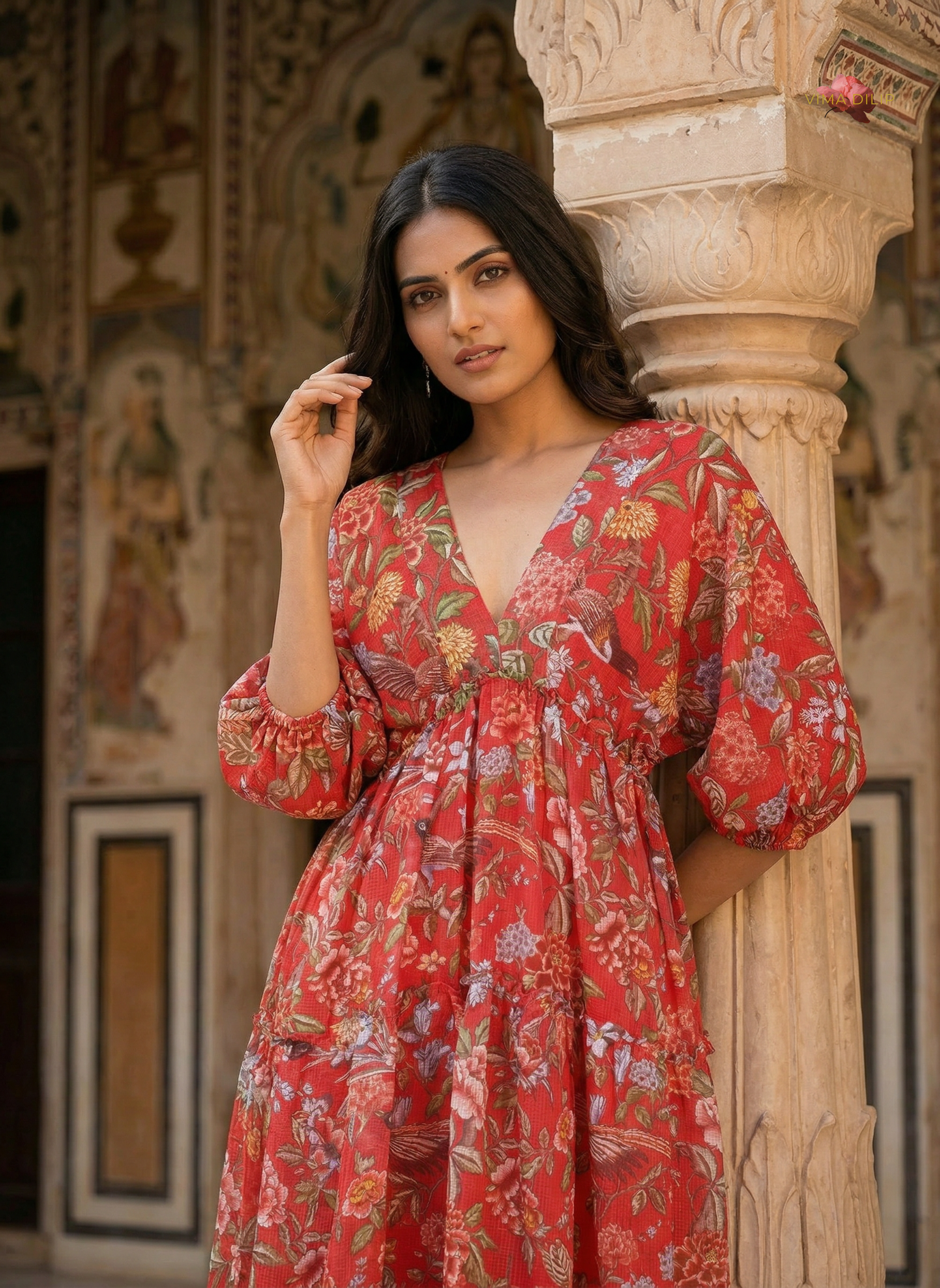 Red Floral Cotton Kota Layered Dress