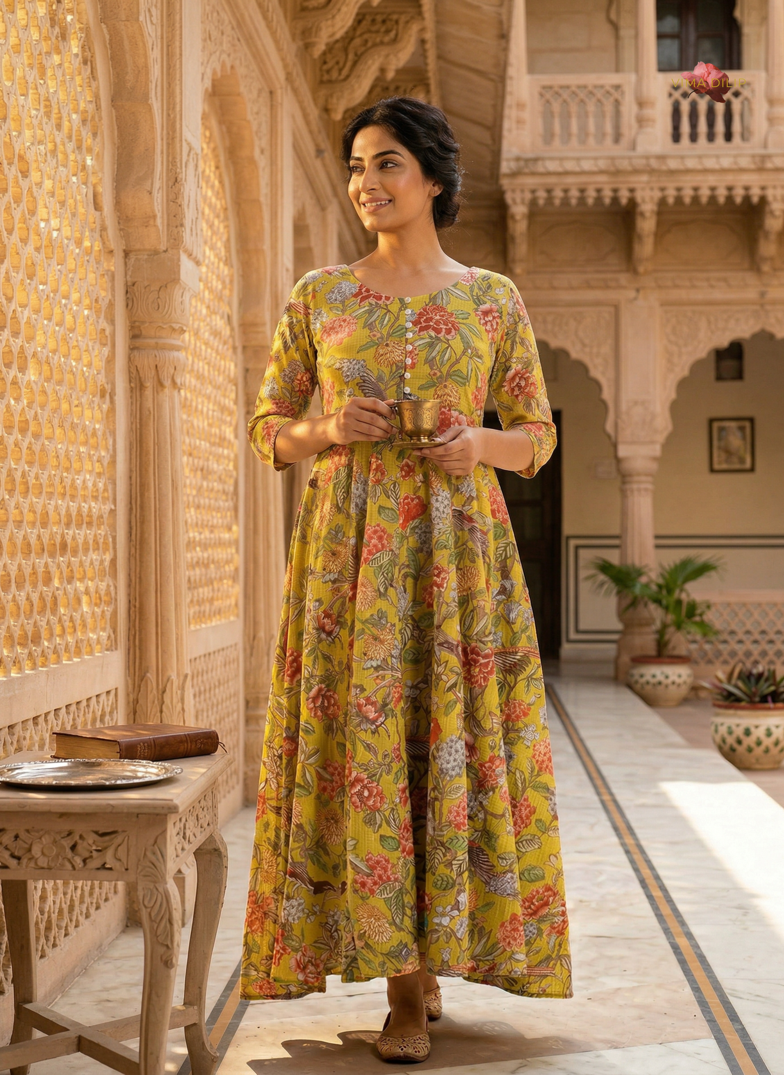 Mustard Floral Cotton Kota Dress with Kallies
