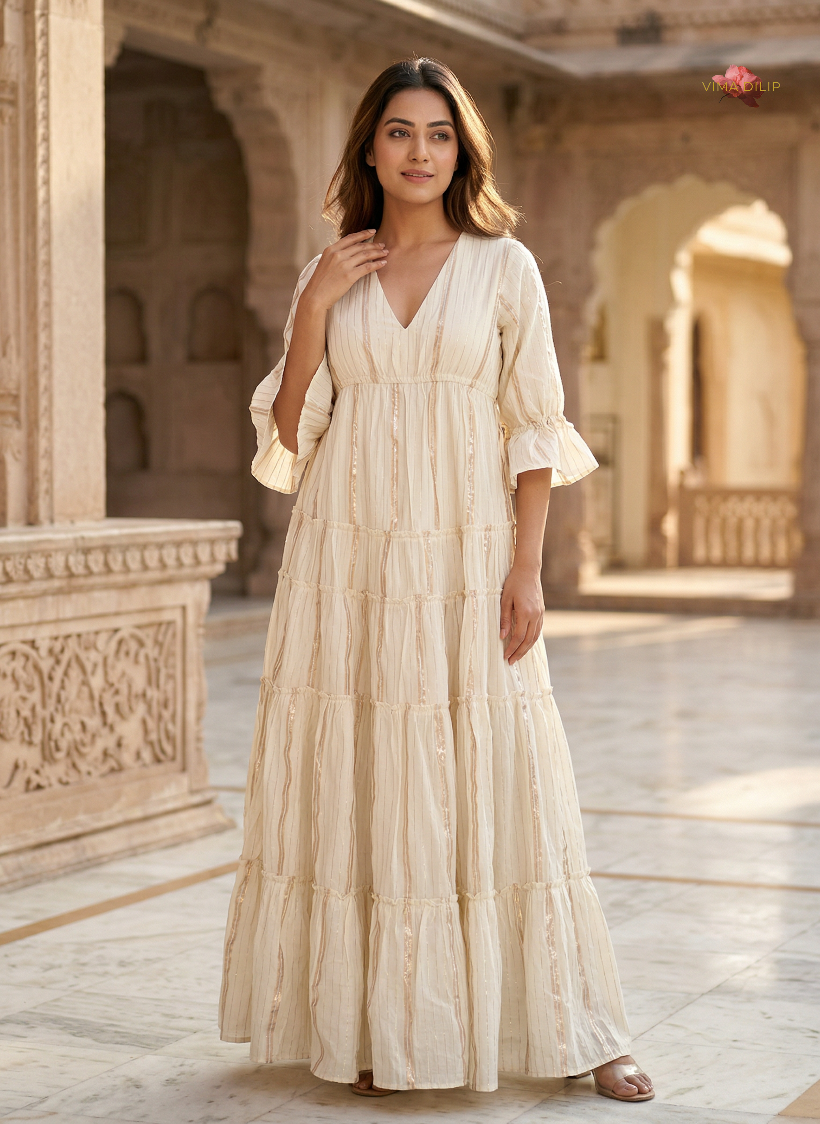 Golden Lined Off-White Layered Dress