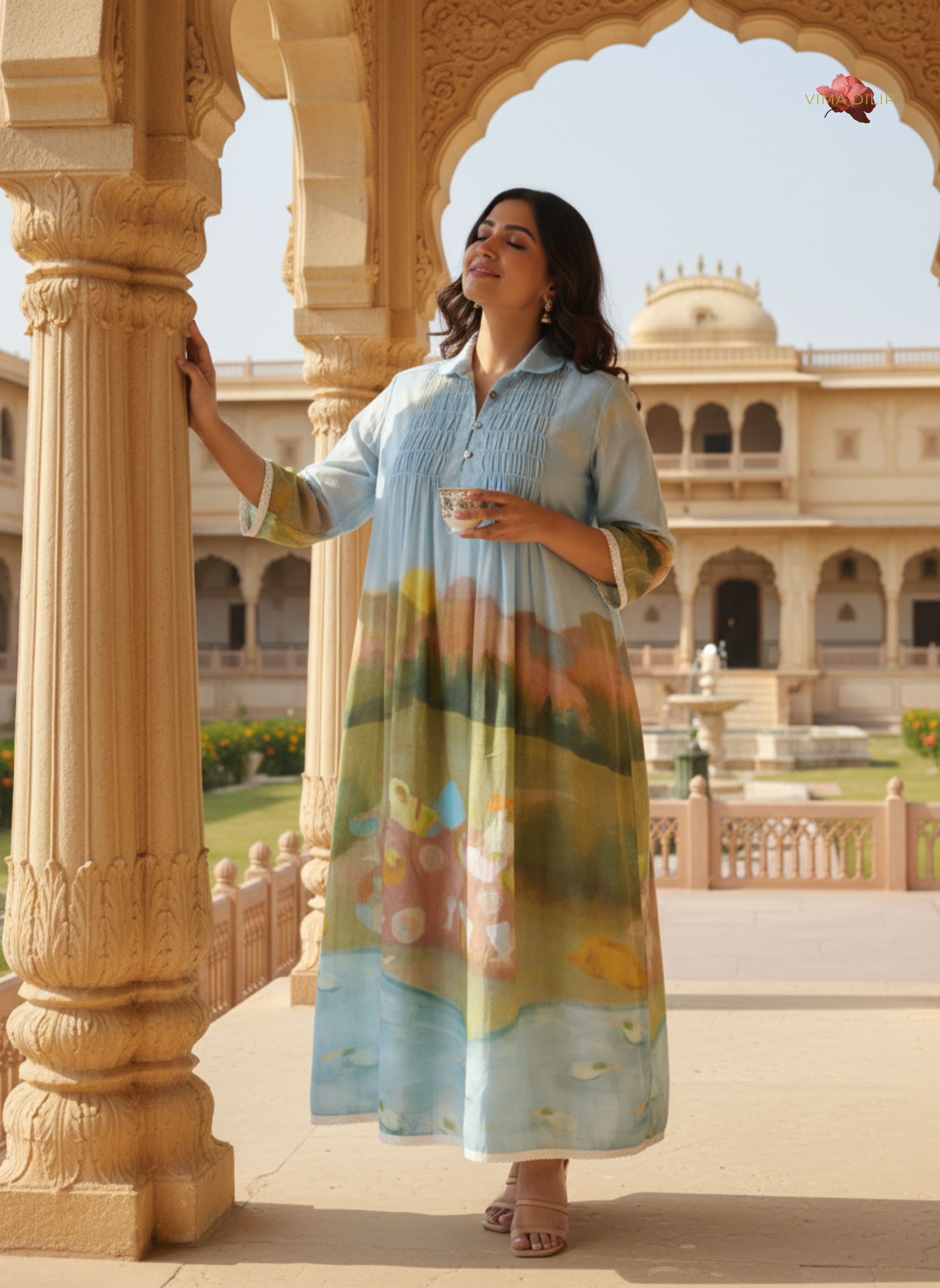 Sky Blue Scenic Print Cotton Dress