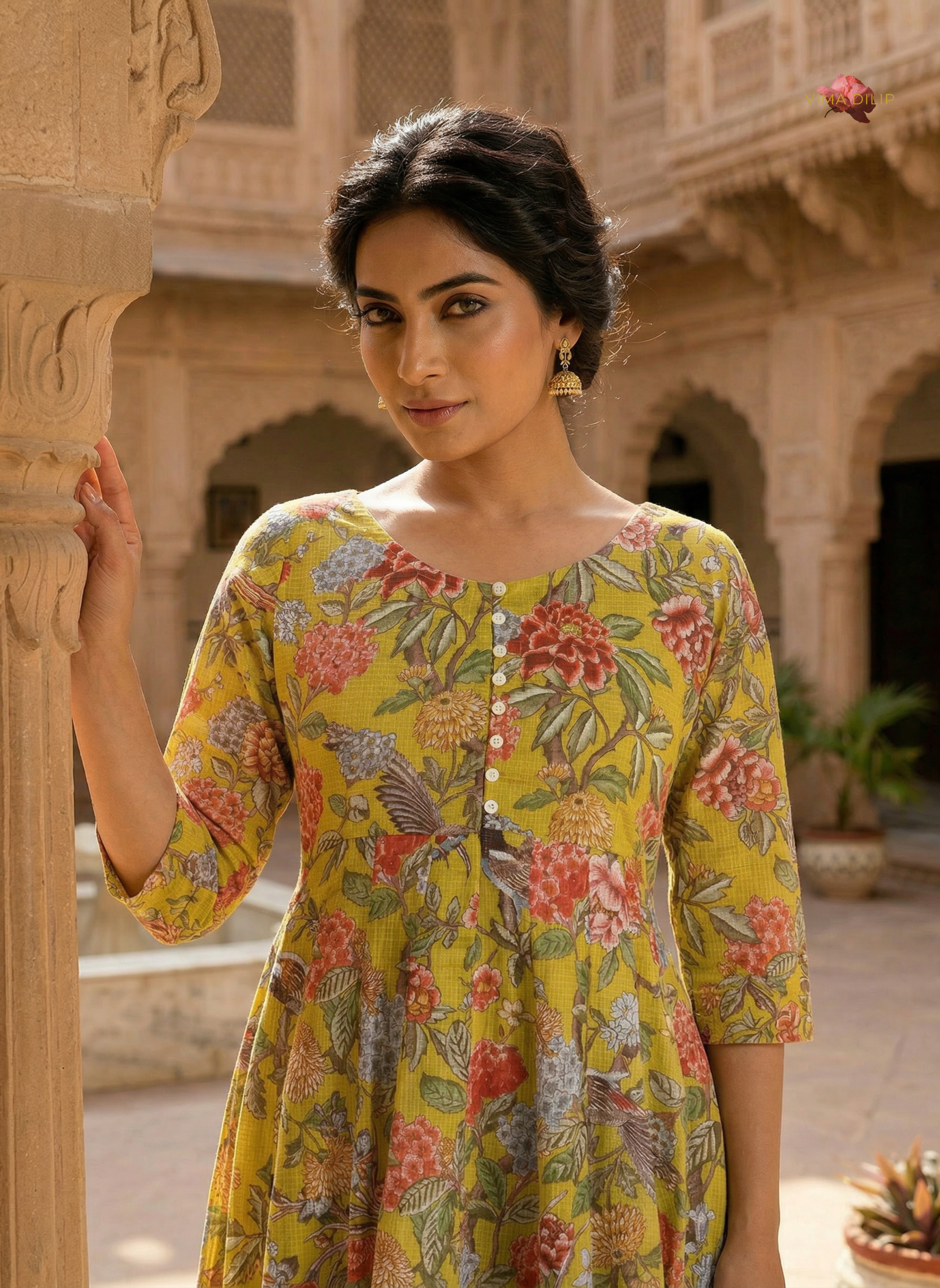 Mustard Floral Cotton Kota Dress with Kallies