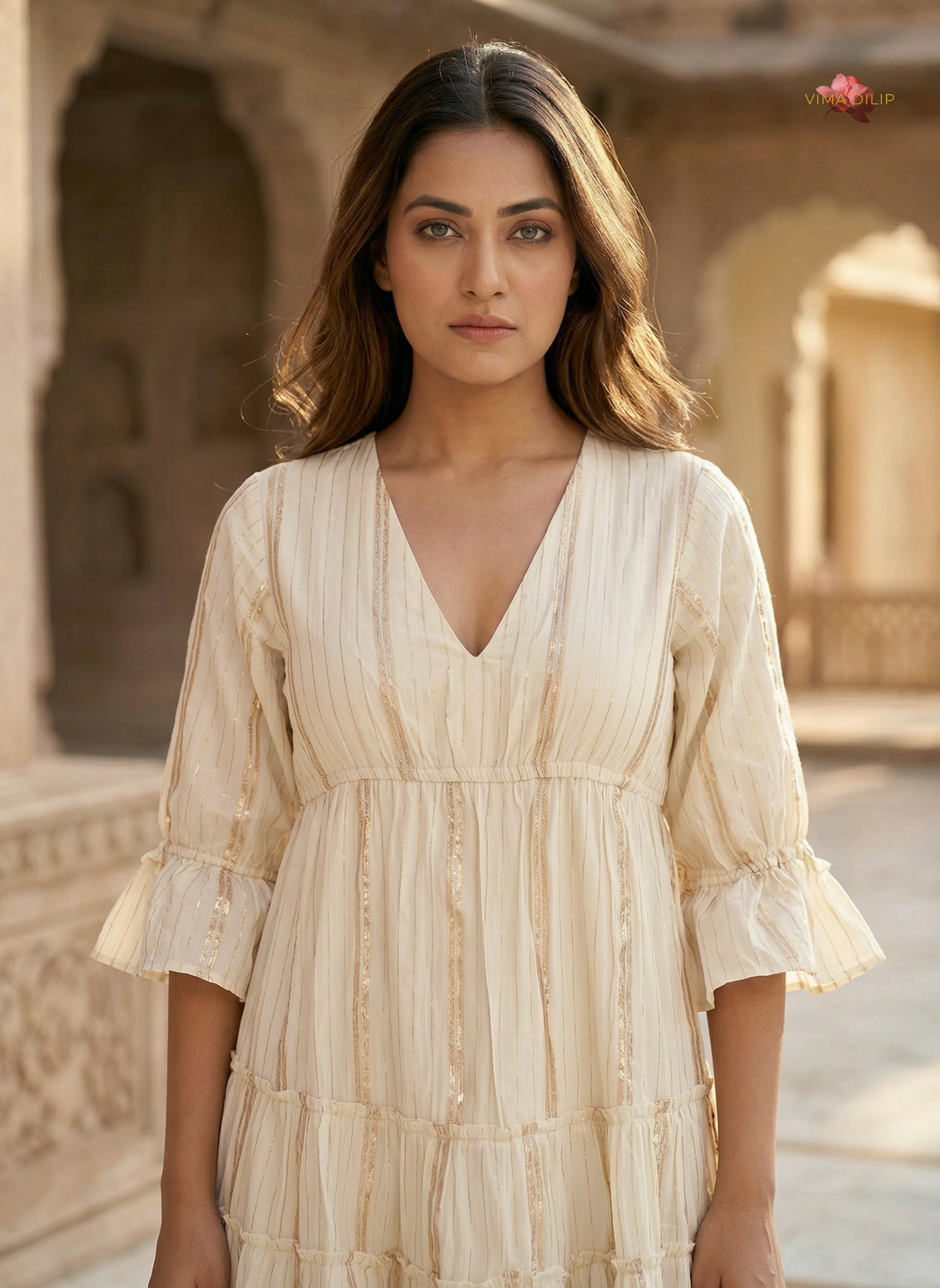 Golden Lined Off-White Layered Dress