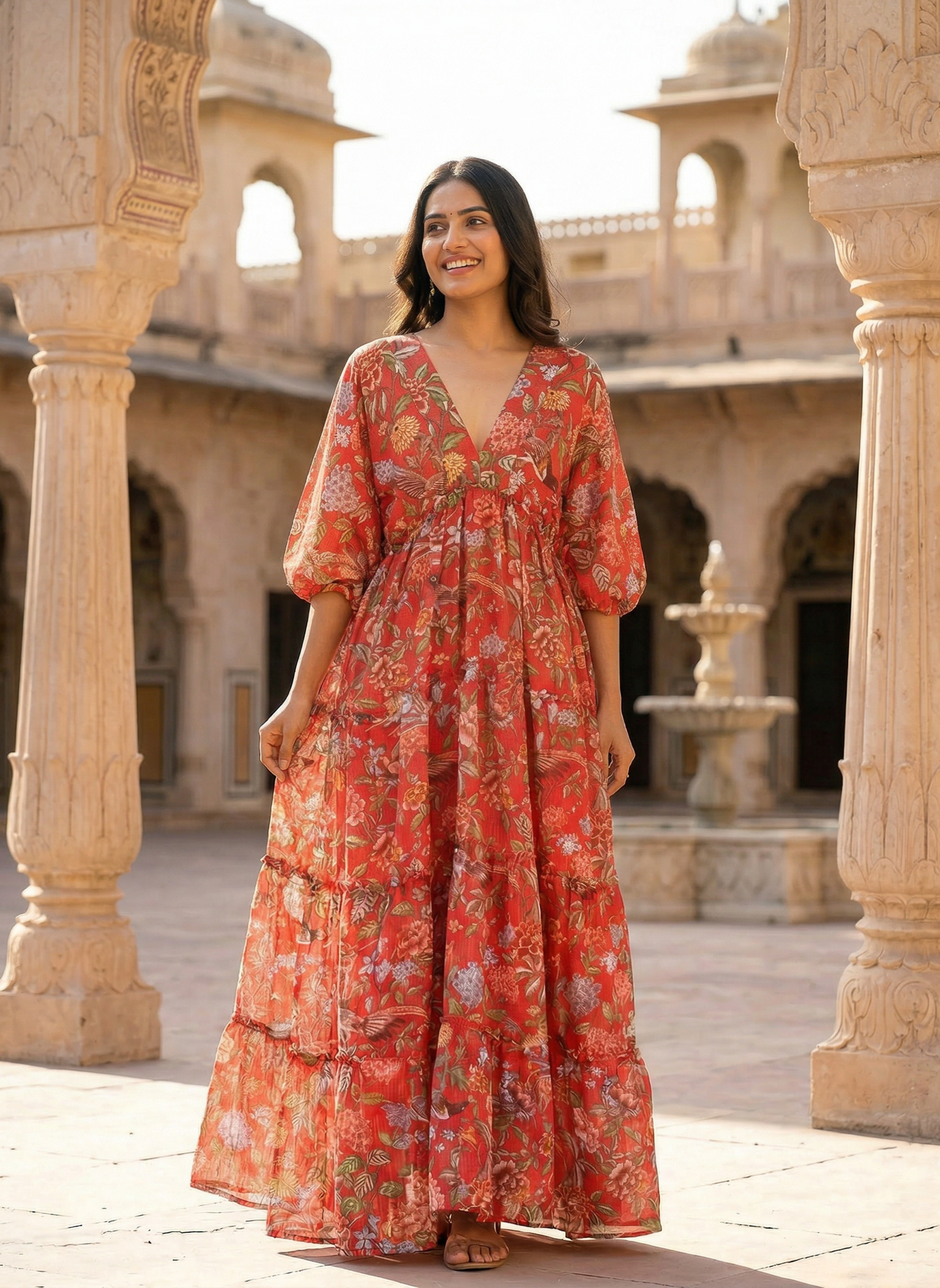 Red Floral Cotton Kota Layered Dress