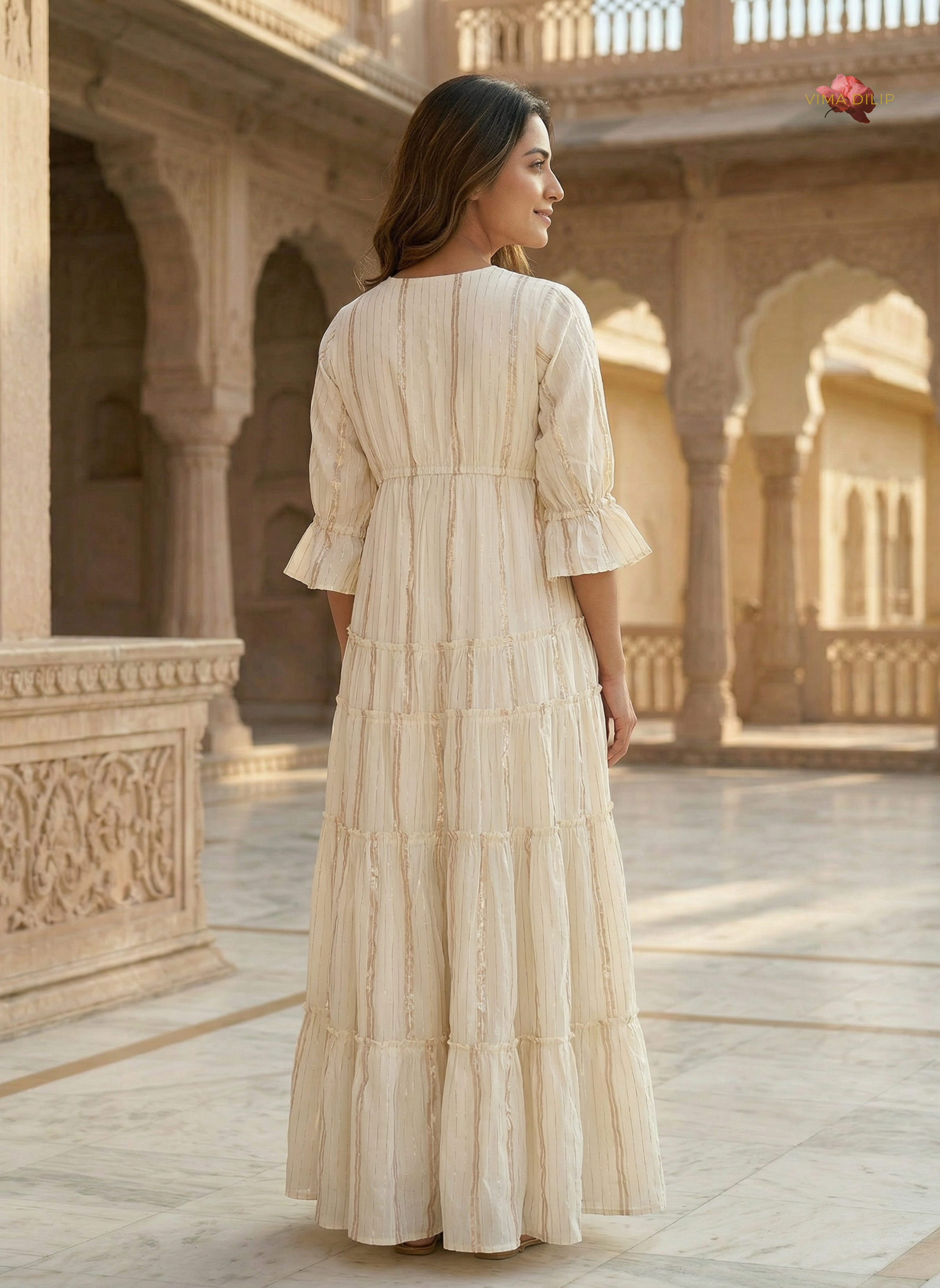 Golden Lined Off-White Layered Dress
