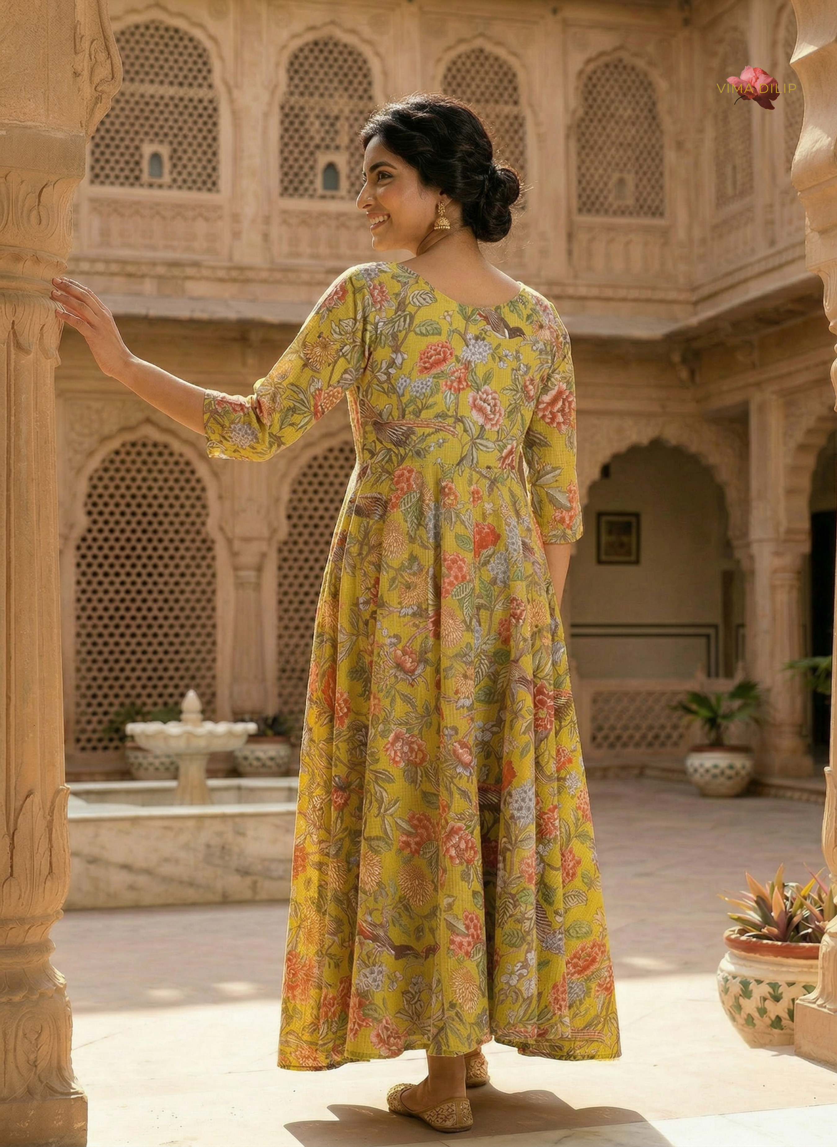 Mustard Floral Cotton Kota Dress with Kallies