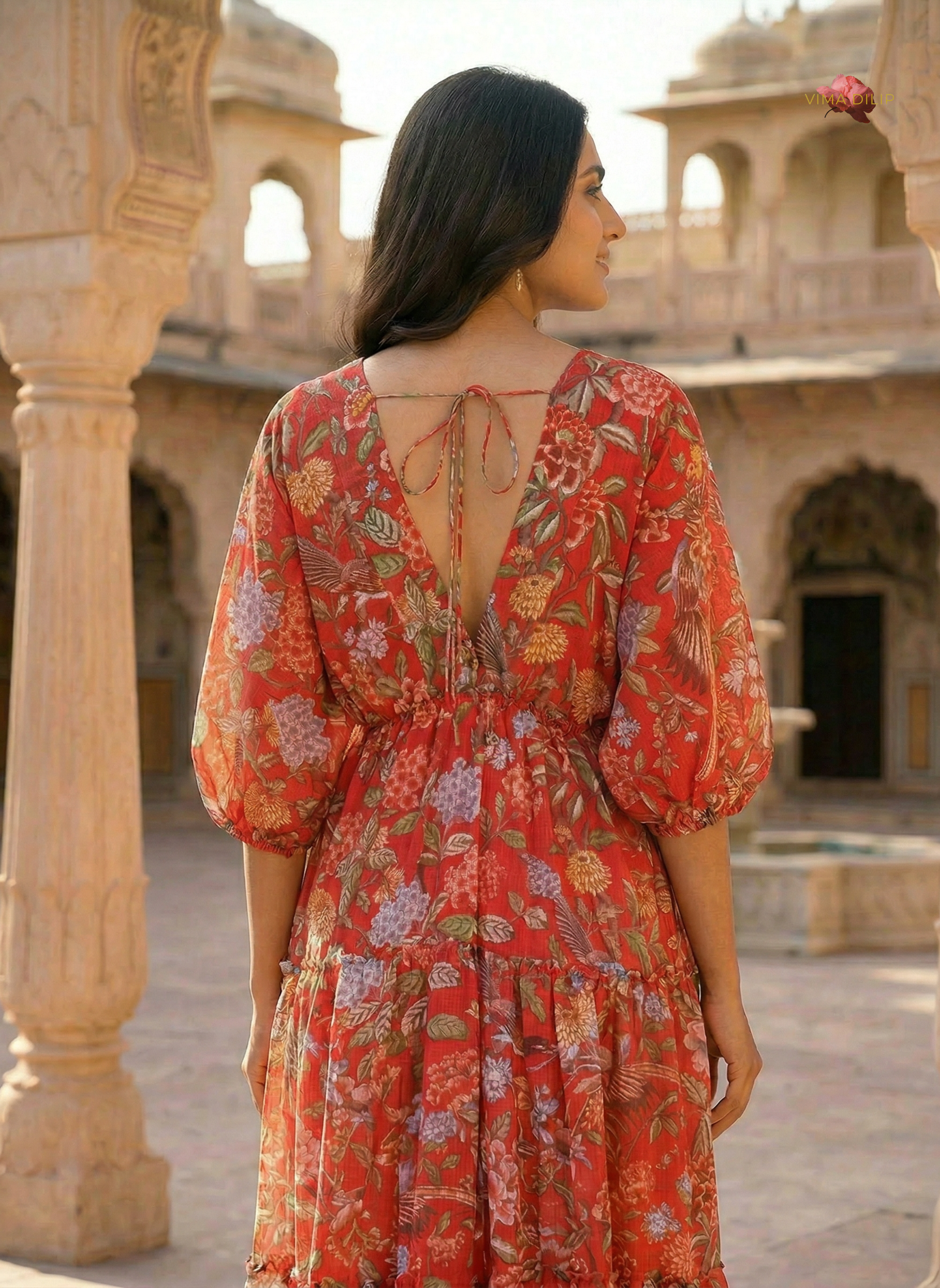 Red Floral Cotton Kota Layered Dress