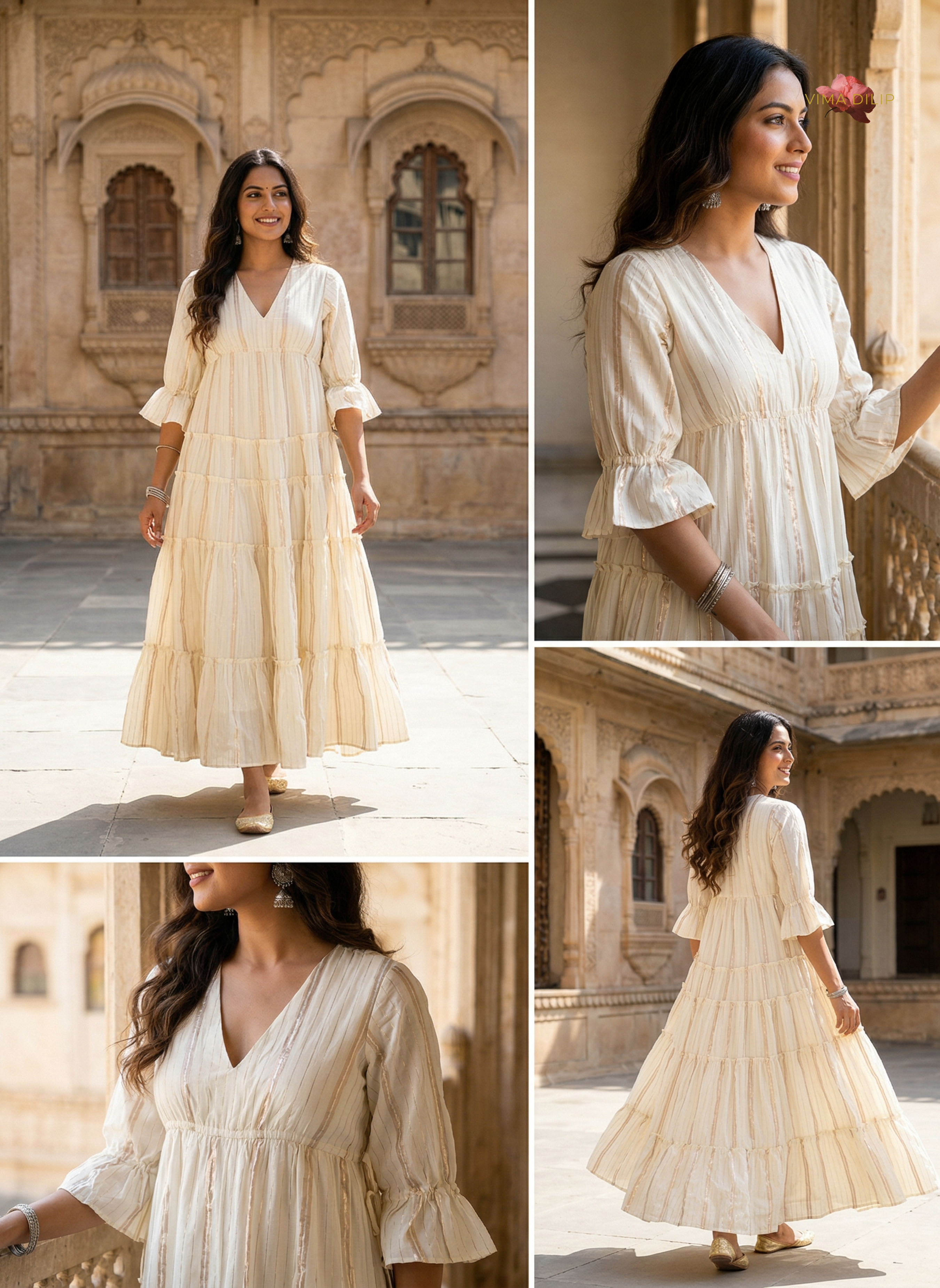 Golden Lined Off-White Layered Dress