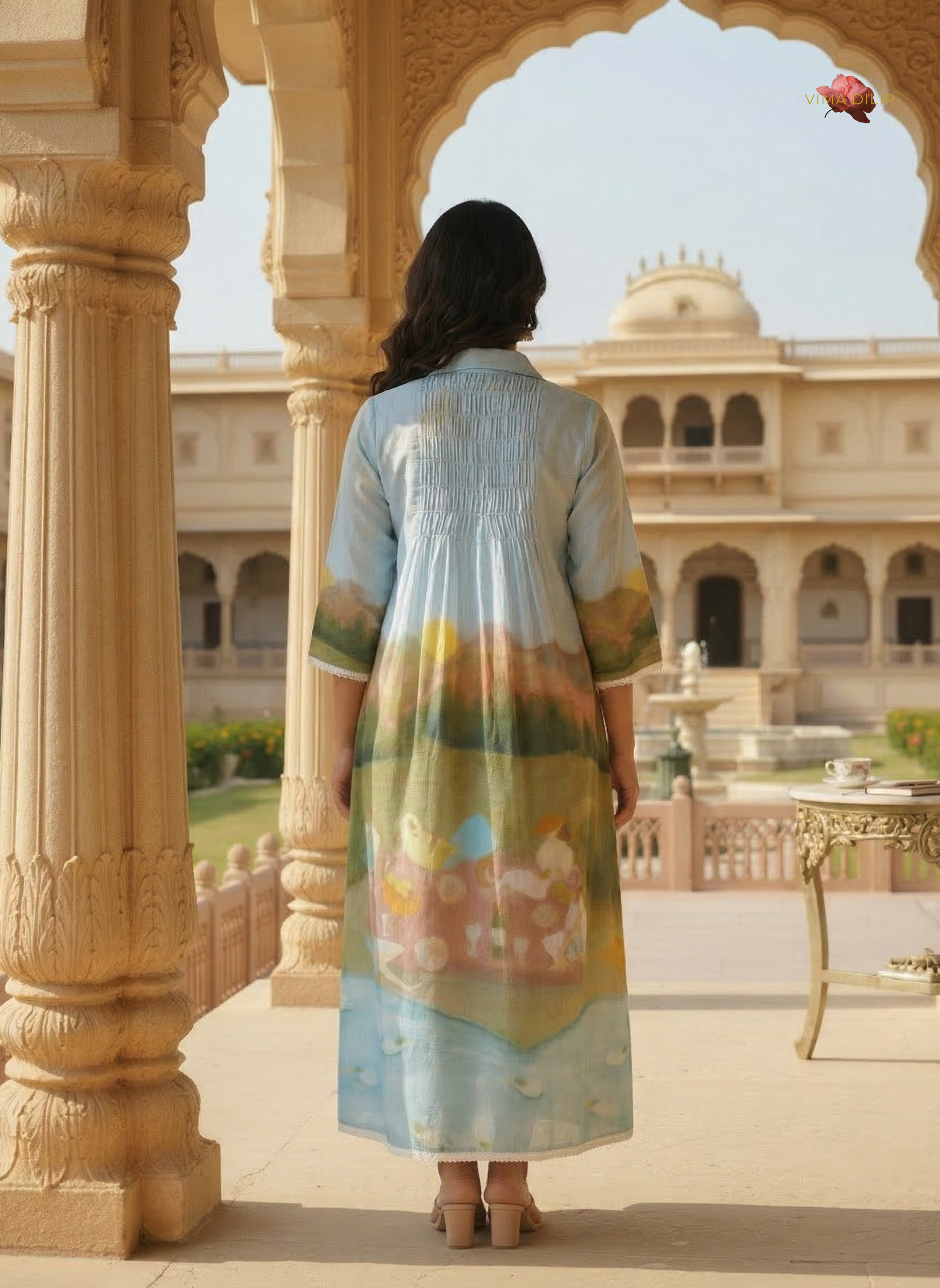 Sky Blue Scenic Print Cotton Dress