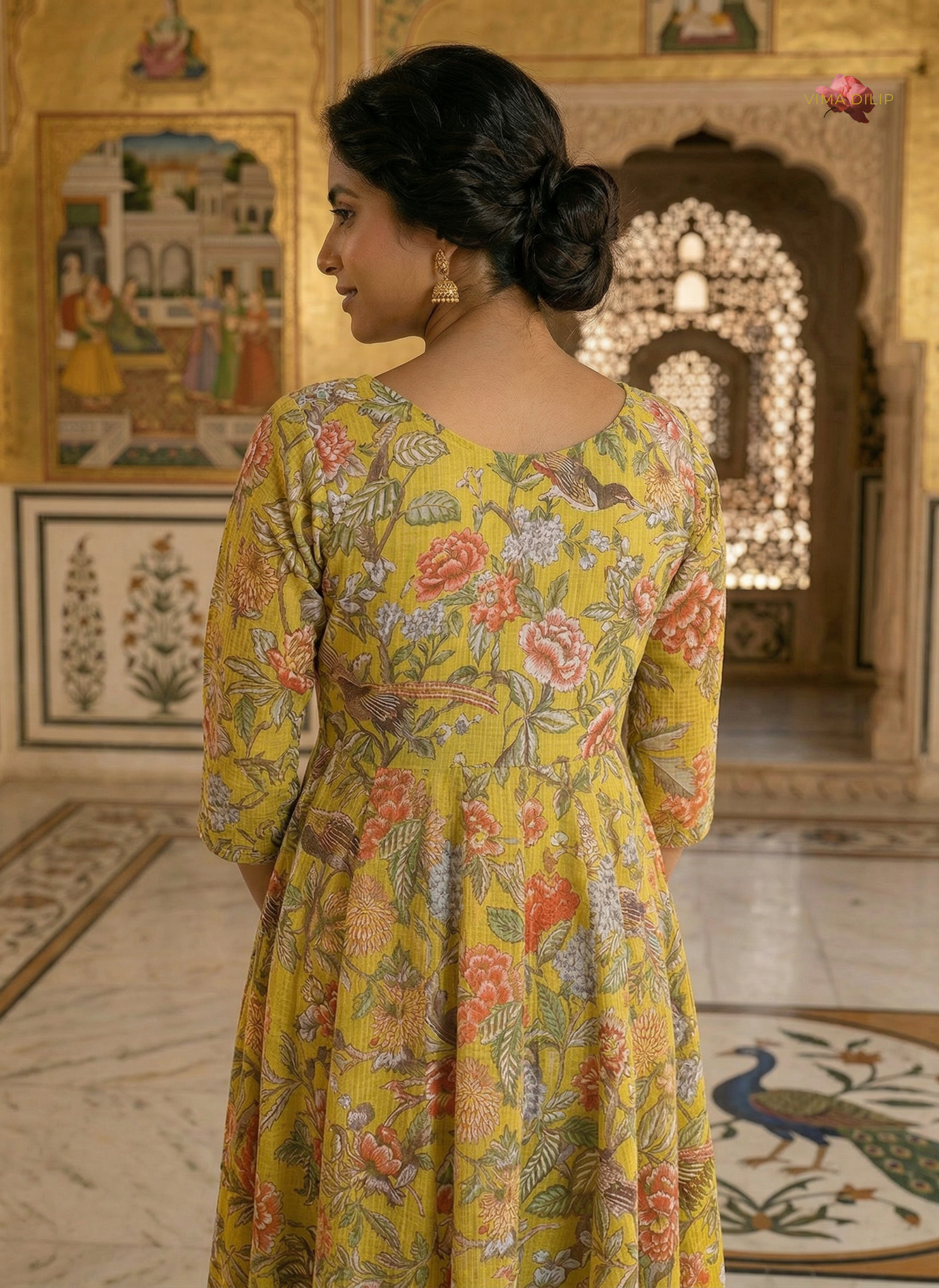 Mustard Floral Cotton Kota Dress with Kallies