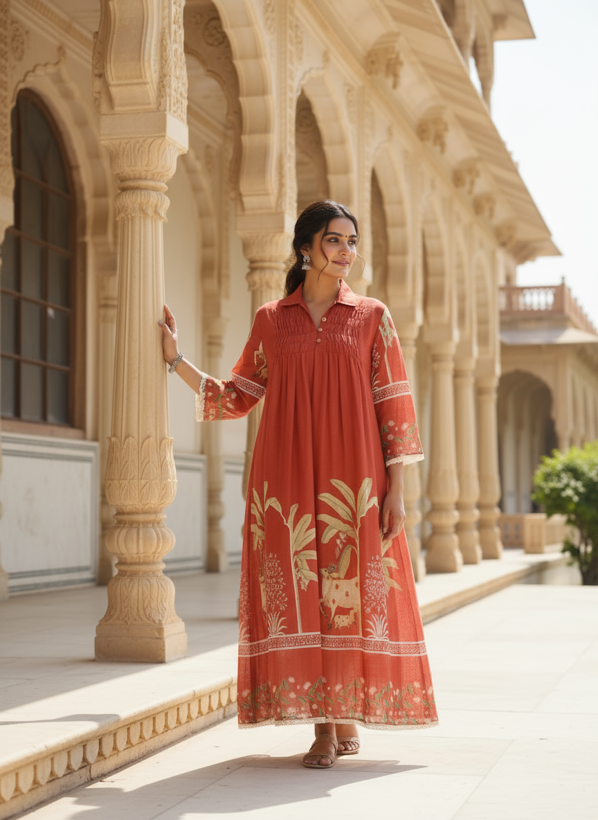 Rust cotton collared printed dress with pintuck detailing