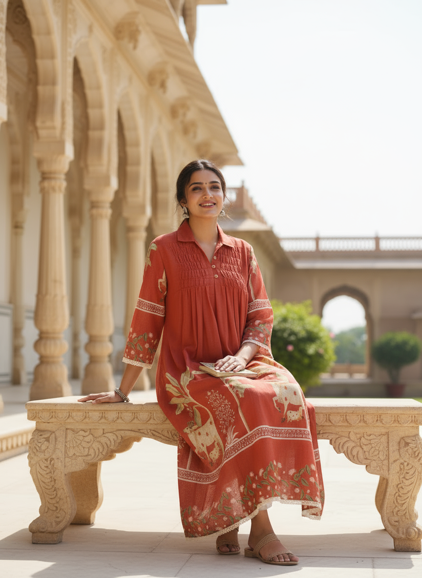 Rust cotton collared printed dress with pintuck detailing