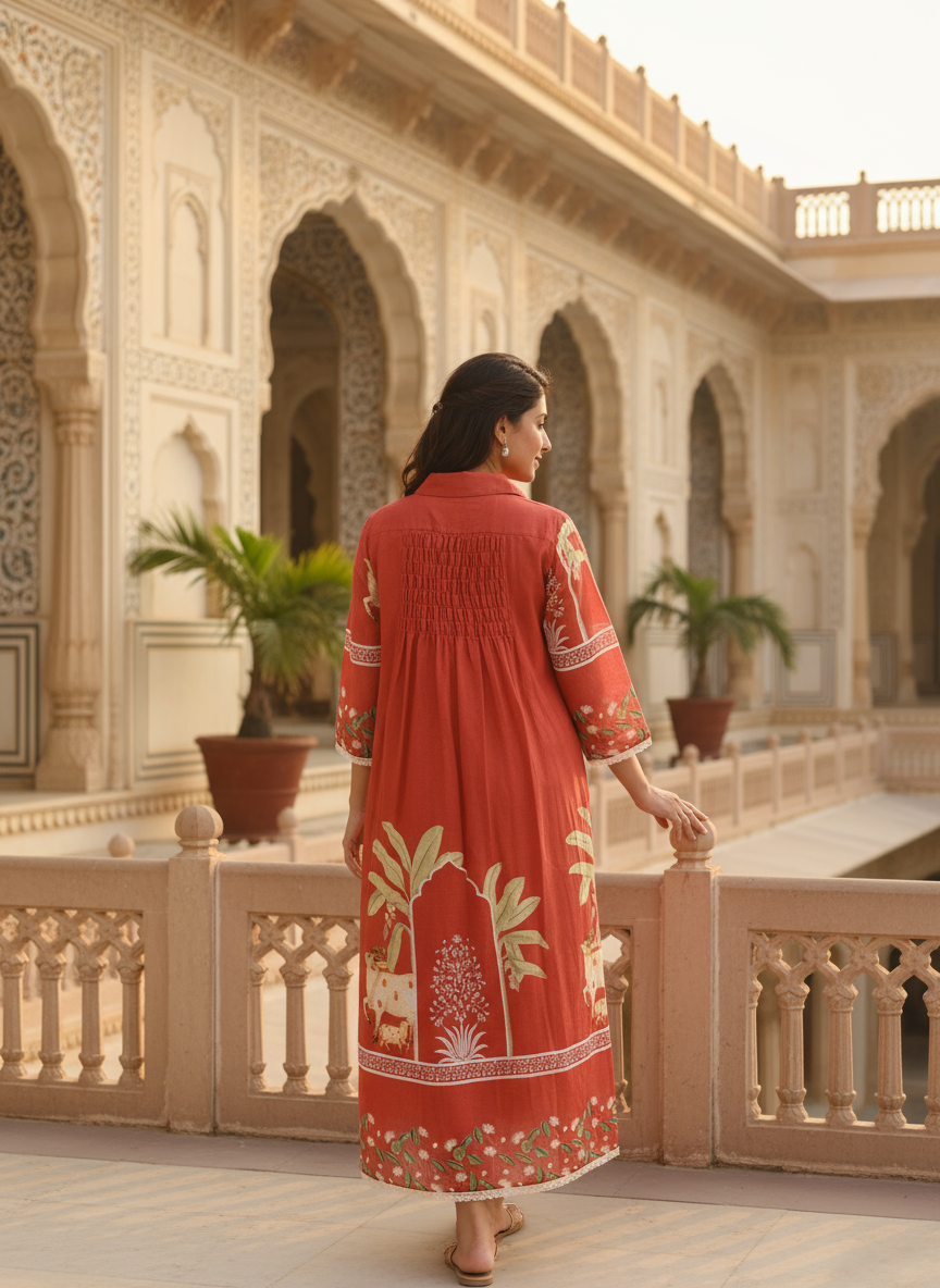 Rust cotton collared printed dress with pintuck detailing