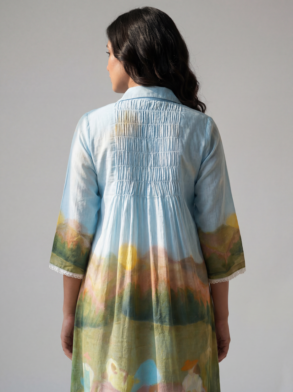 Sky Blue Scenic Print Cotton Dress