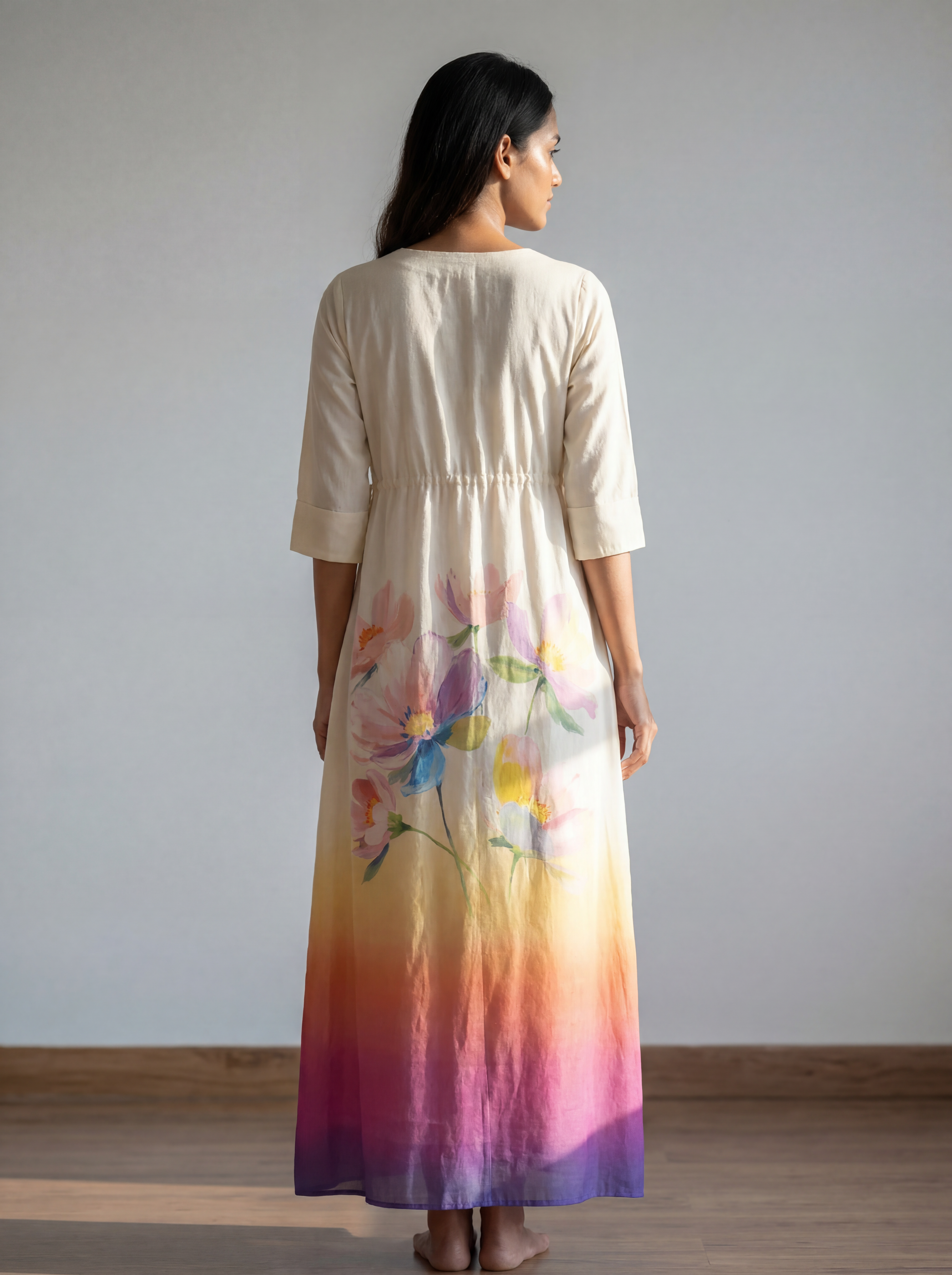 Ivory Ombre Floral Wrap Dress with Watercolour Print and Adjustable Waist Tie