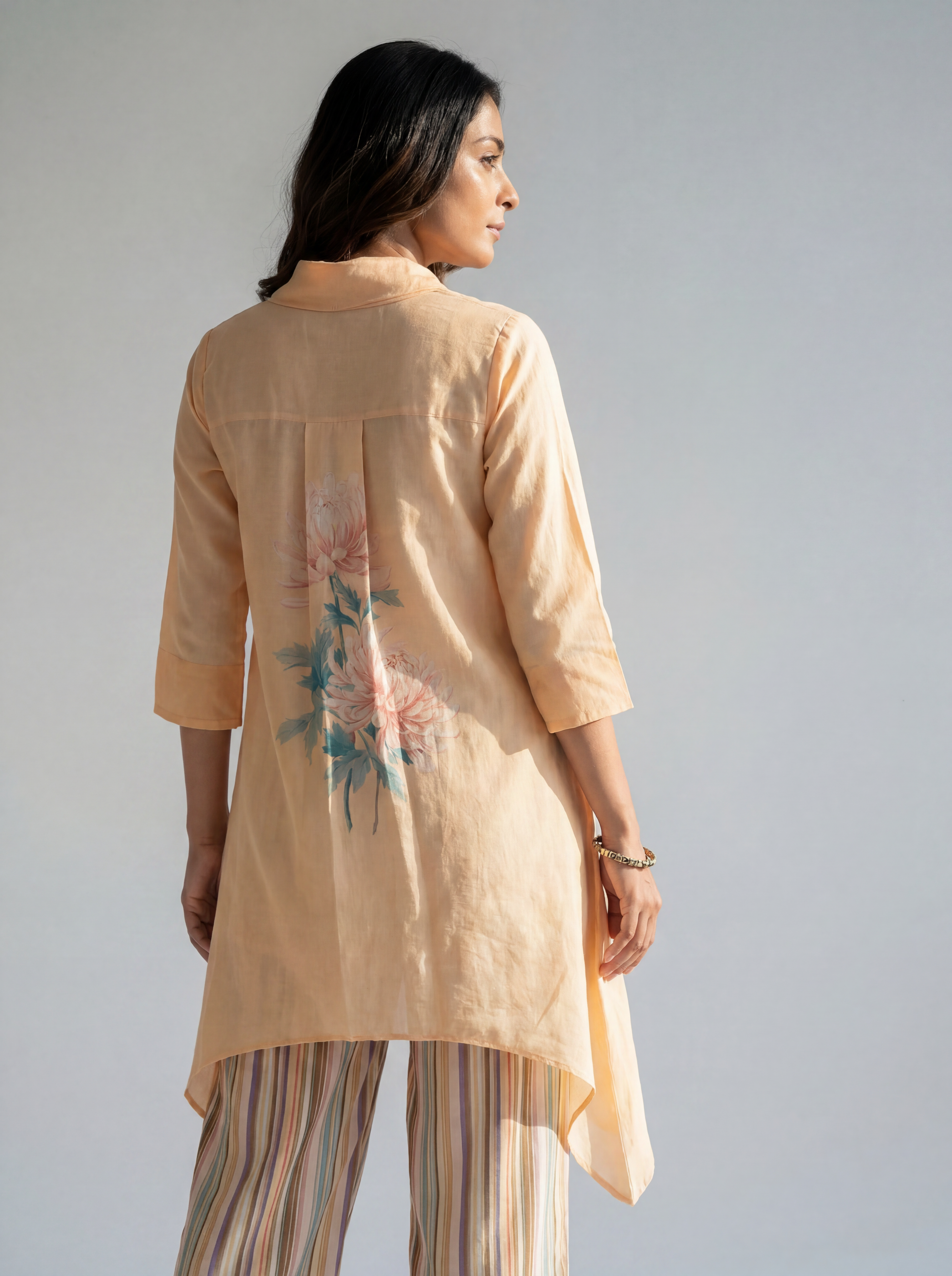 Peach Floral Printed Co-ord Set with Asymmetric Top and Striped Straight Pants