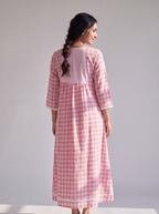 Pink Gingham Floral Embroidered Midi Dress
