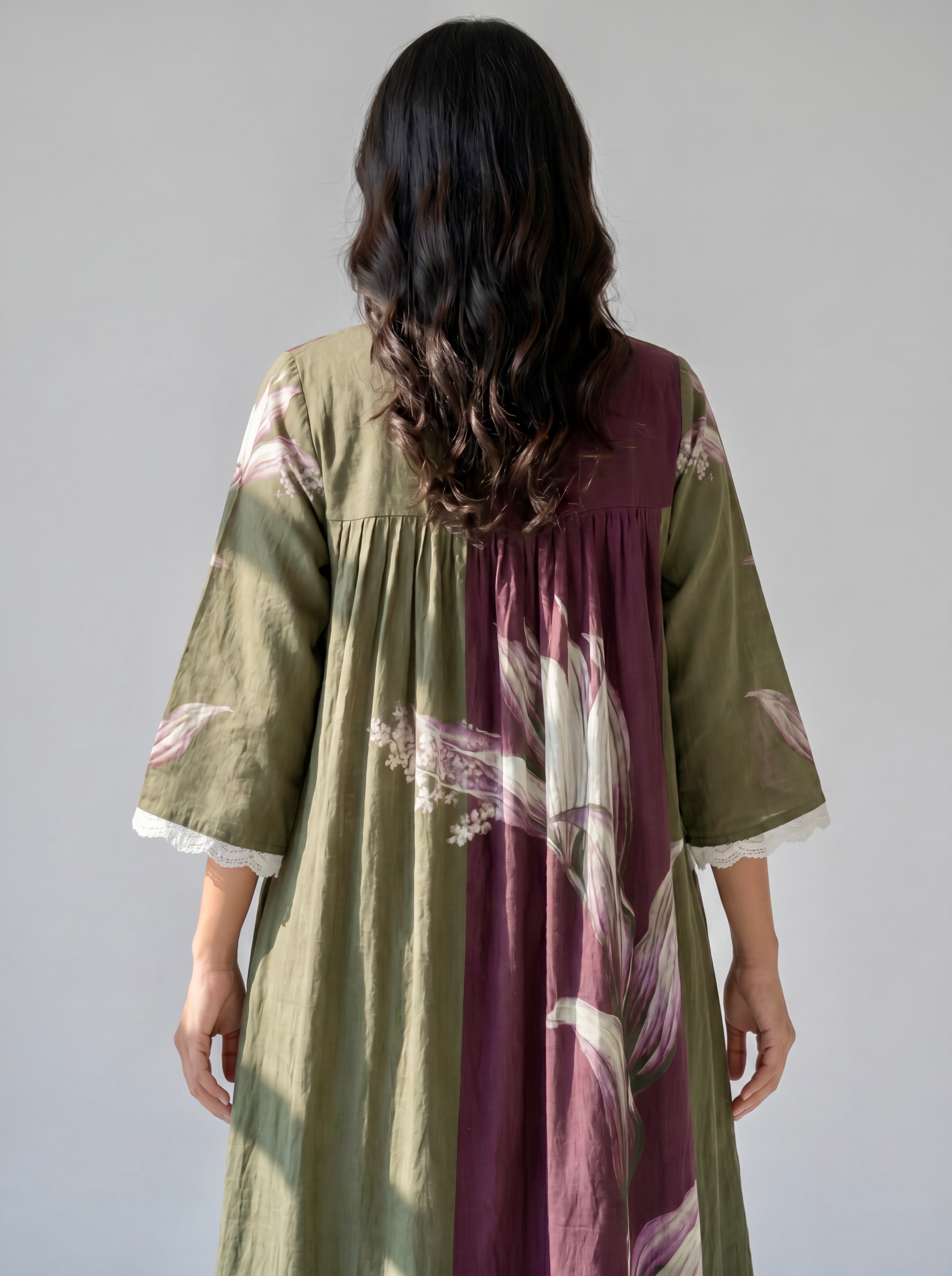 Olive Green Botanical Printed Cotton Dress with Gathered Yoke and Lace Trim Details