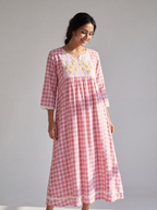 Pink Gingham Floral Embroidered Midi Dress