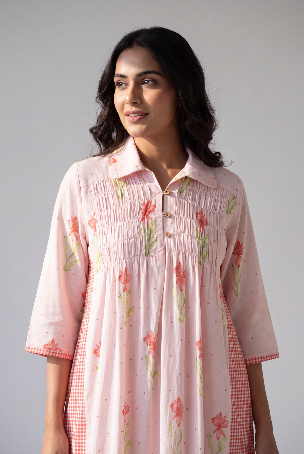 Blush Pink Floral Gingham Dress