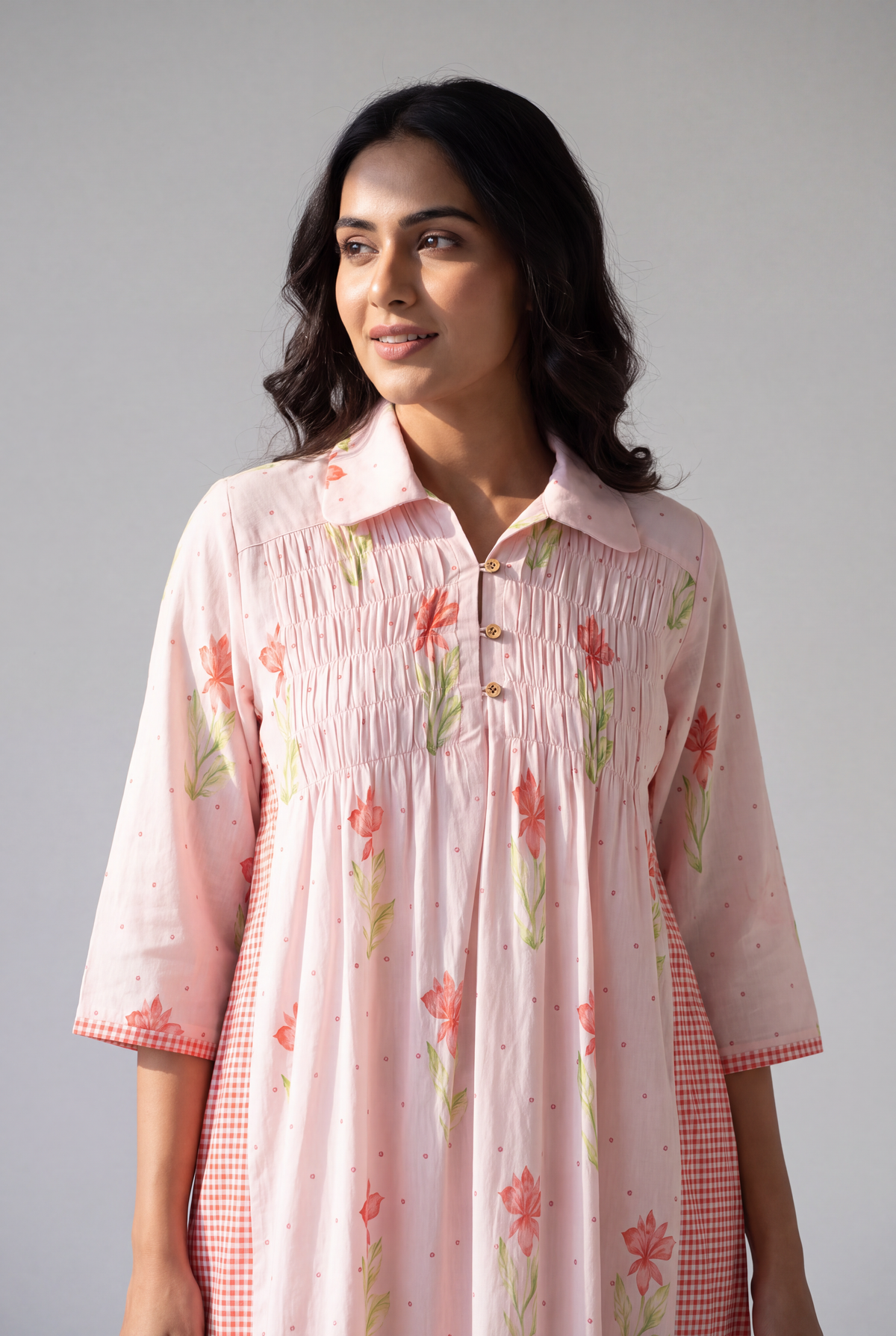 Blush Pink Floral Gingham Dress