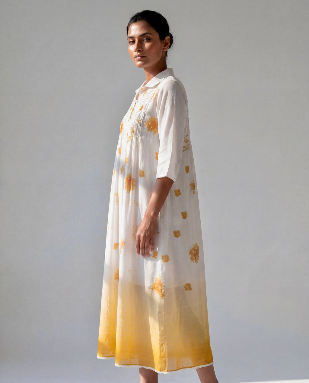 Ivory Ombre Printed Dress with Collared Neck and Smocked Yoke
