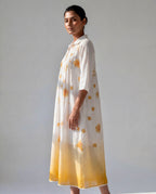 Ivory Ombre Printed Dress with Collared Neck and Smocked Yoke