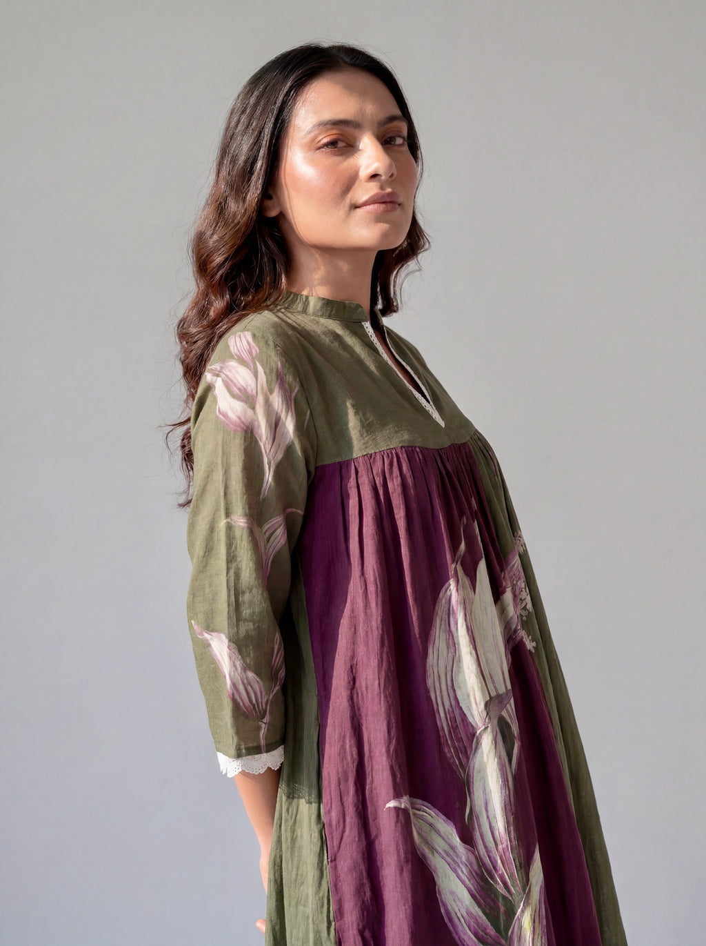 Olive Green Botanical Printed Cotton Dress with Gathered Yoke and Lace Trim Details