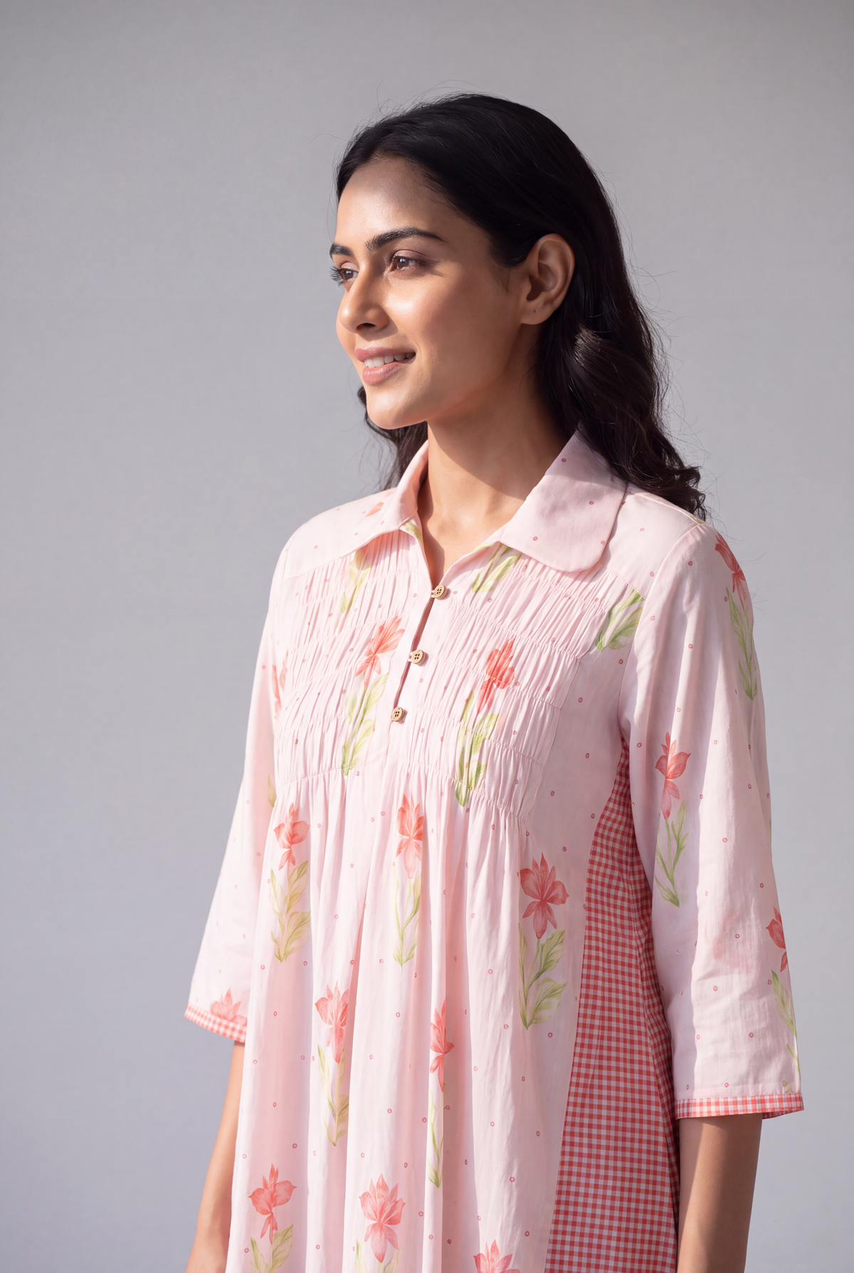 Blush Pink Floral Gingham Dress