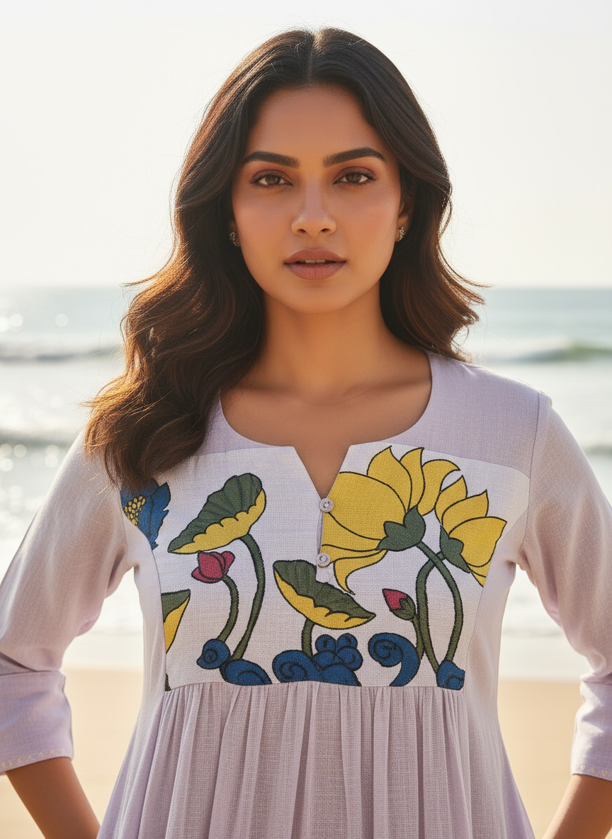 Cotton Dress with Hand-Painted Kalamkari Yoke