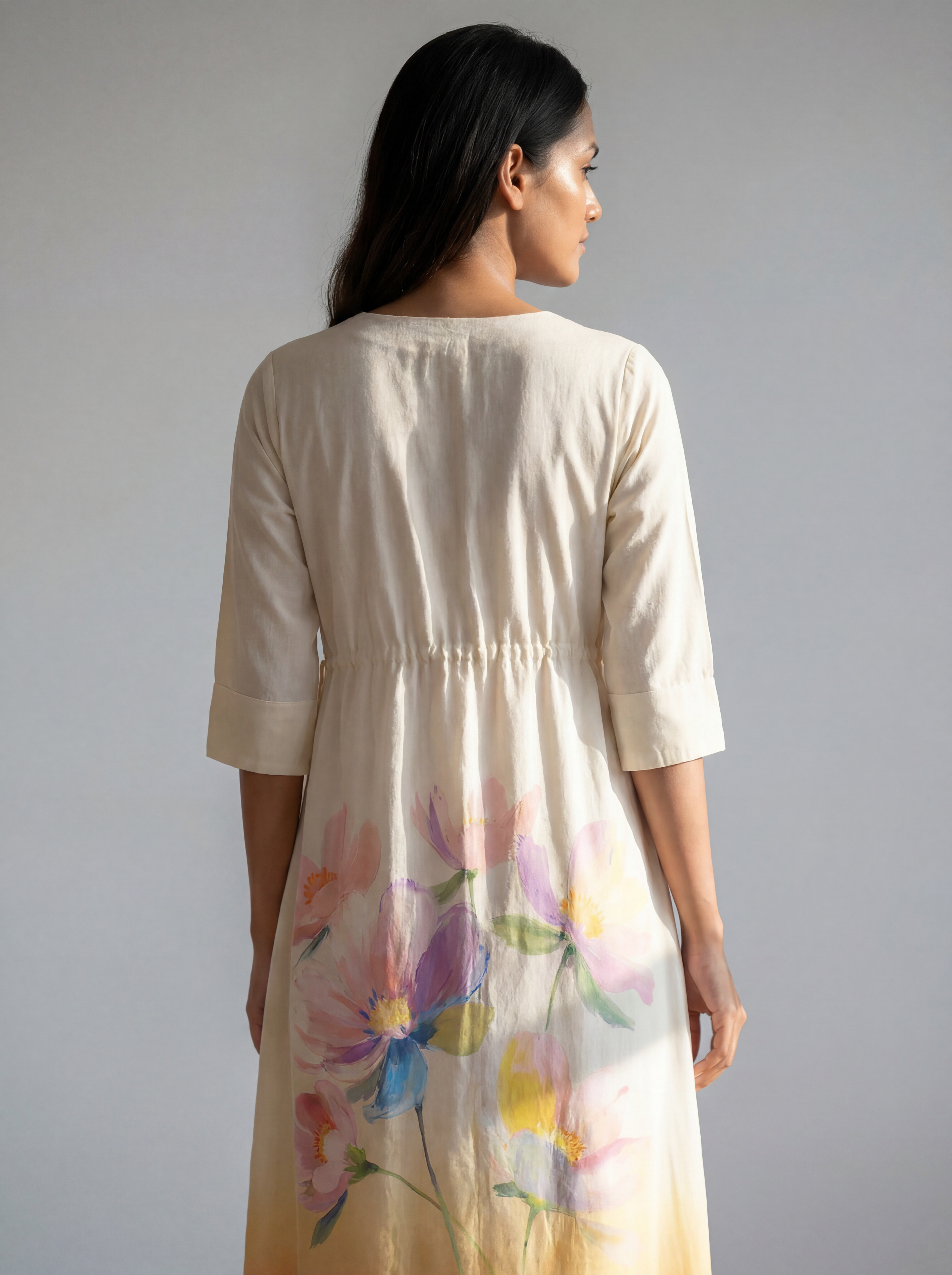 Ivory Ombre Floral Wrap Dress with Watercolour Print and Adjustable Waist Tie