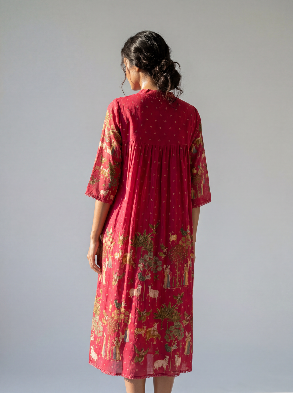 Raspberry Pink Heritage Printed Cotton Dress with Gathered Yoke and Lace Accents