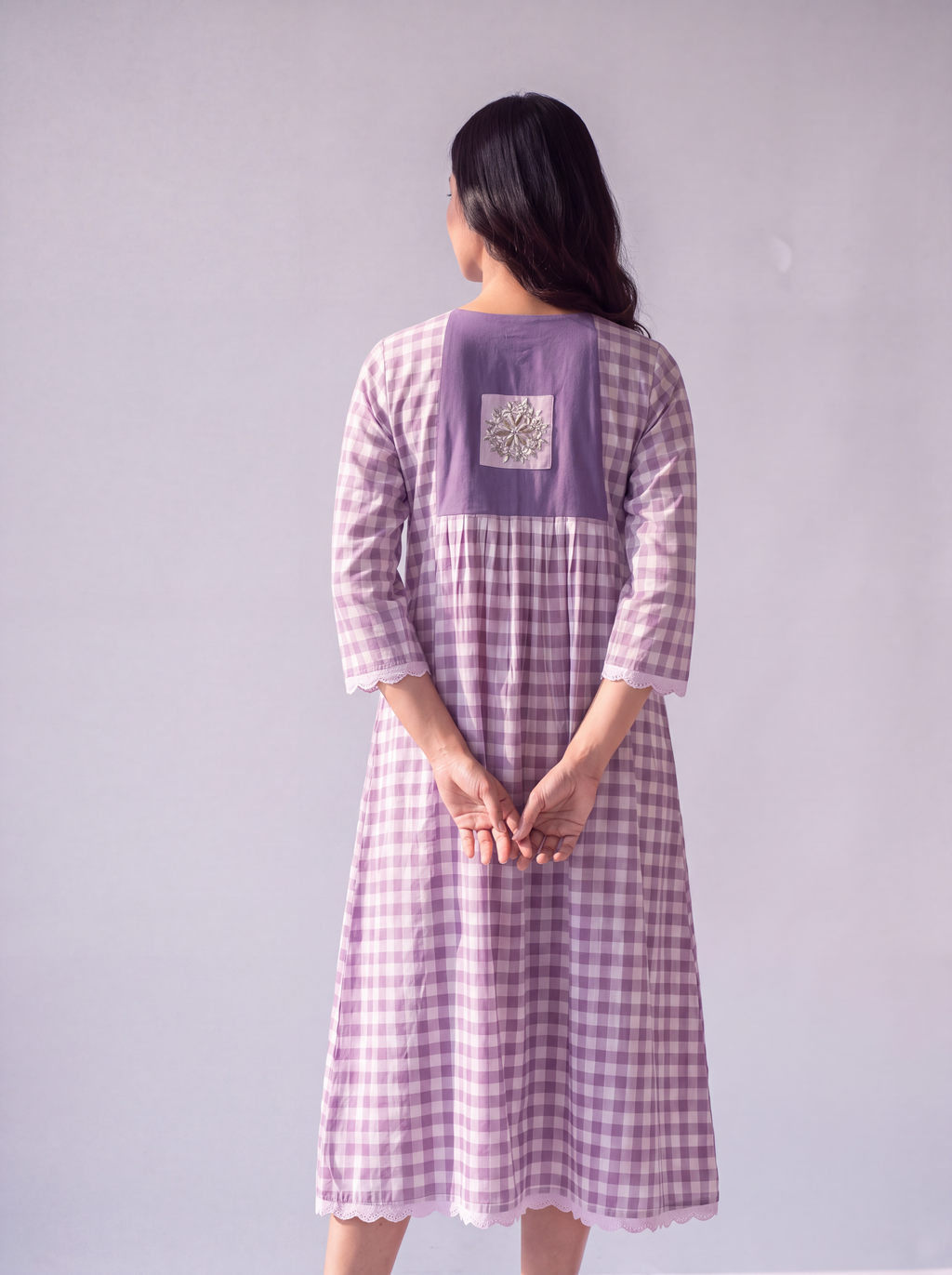 Lavender Gingham Embroidered Midi Dress
