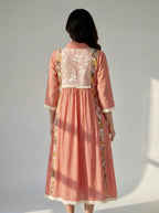Blush Pink Cotton Dress with Floral Embroidered Yoke, Printed Panels and Fringe Details