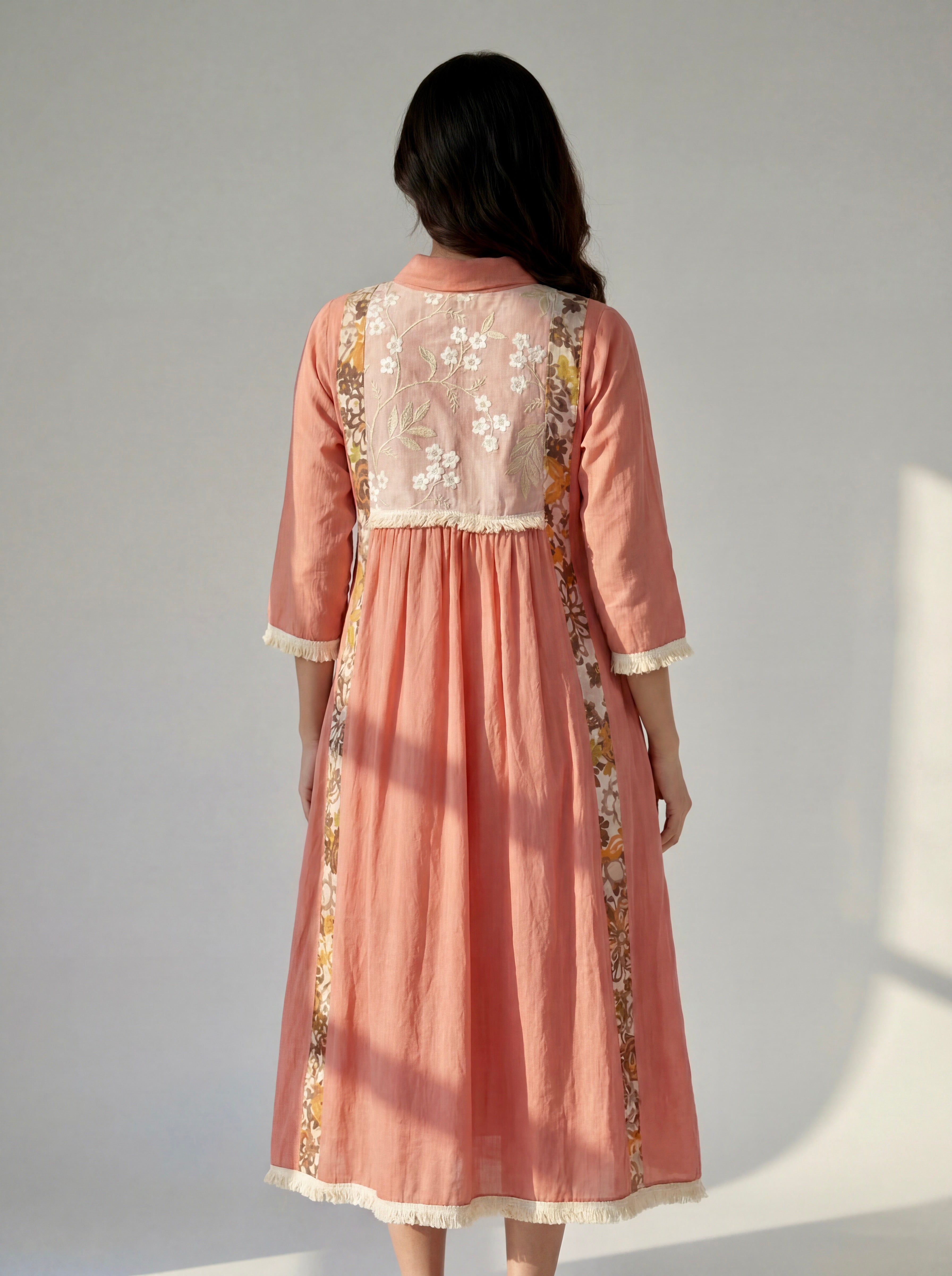 Blush Pink Cotton Dress with Floral Embroidered Yoke, Printed Panels and Fringe Details