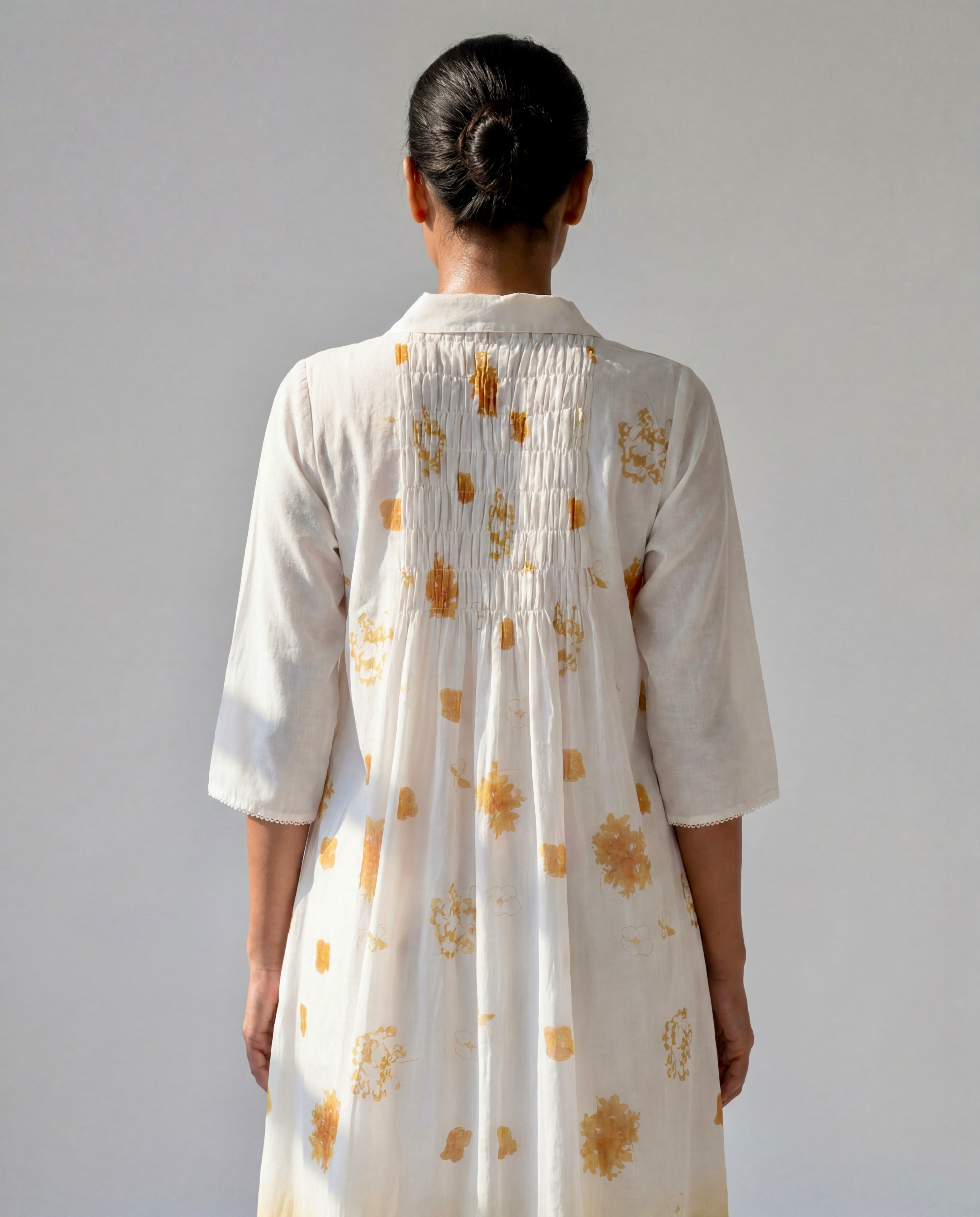 Ivory Ombre Printed Dress with Collared Neck and Smocked Yoke