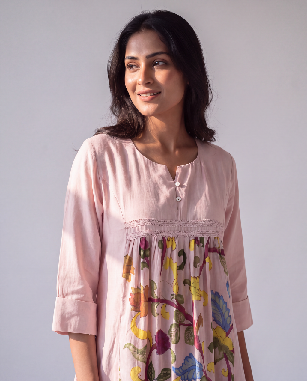 Lilac Cotton Dress with Printed center panel and lace detailing.