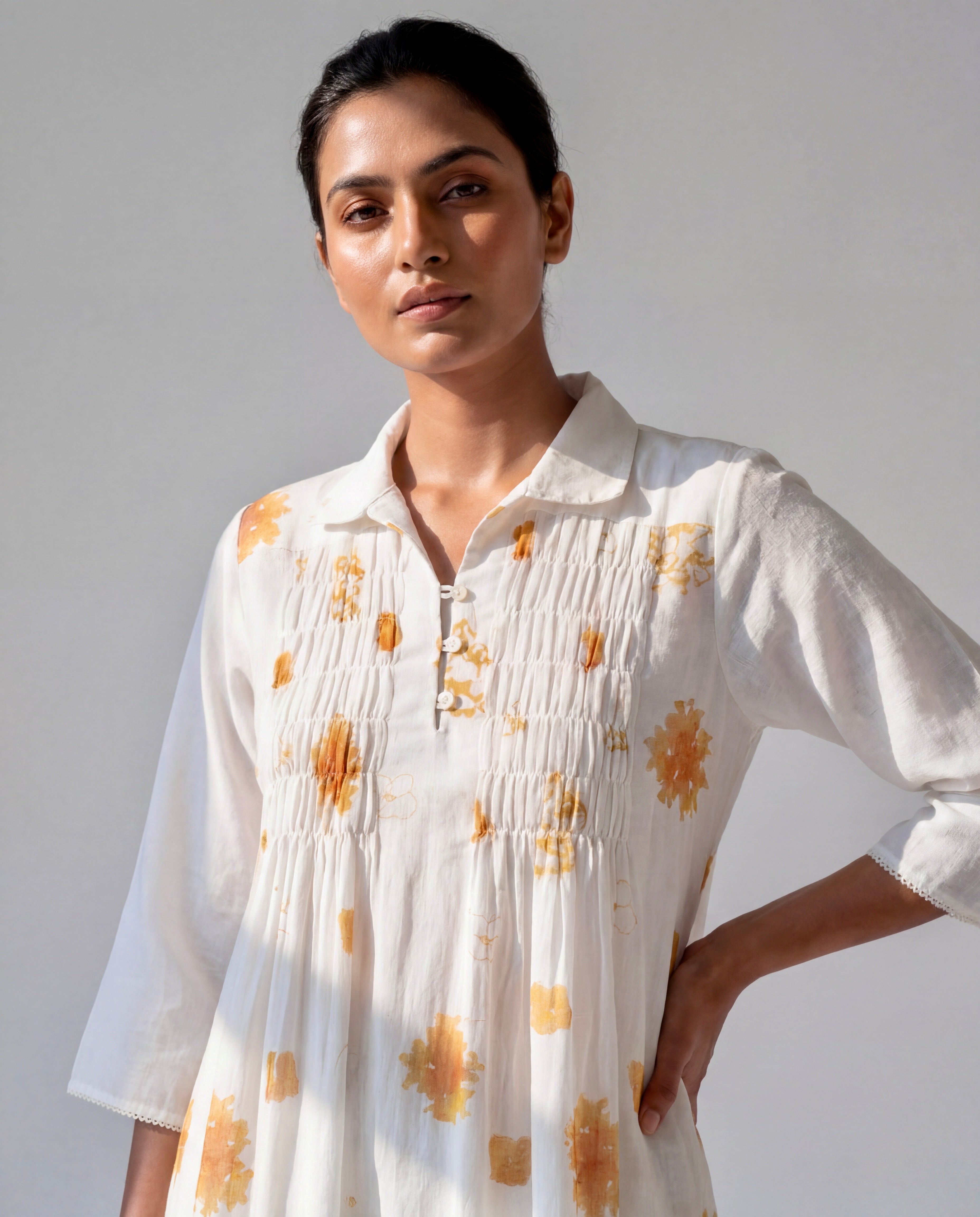 Ivory Ombre Printed Dress with Collared Neck and Smocked Yoke