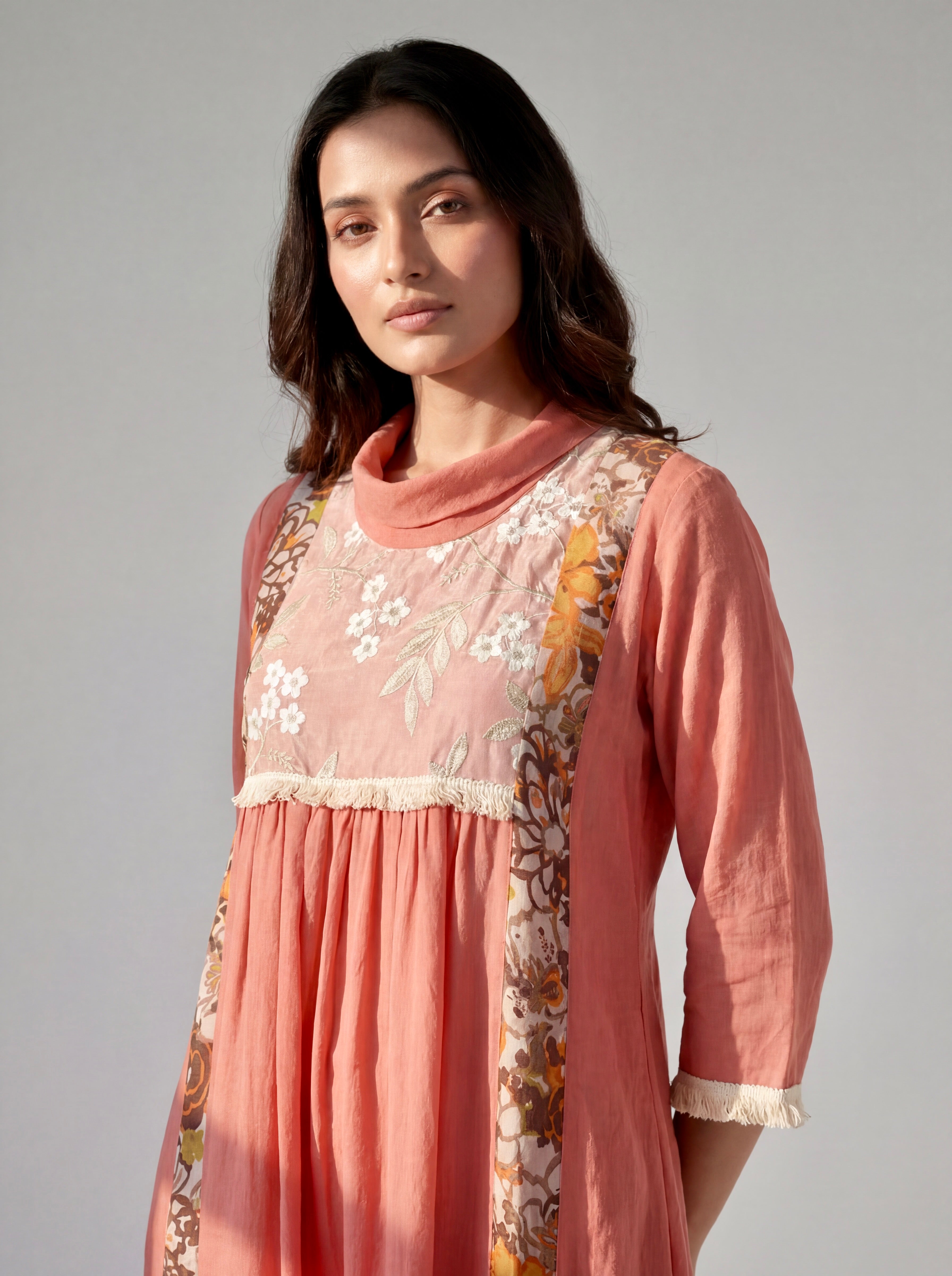 Blush Pink Cotton Dress with Floral Embroidered Yoke, Printed Panels and Fringe Details