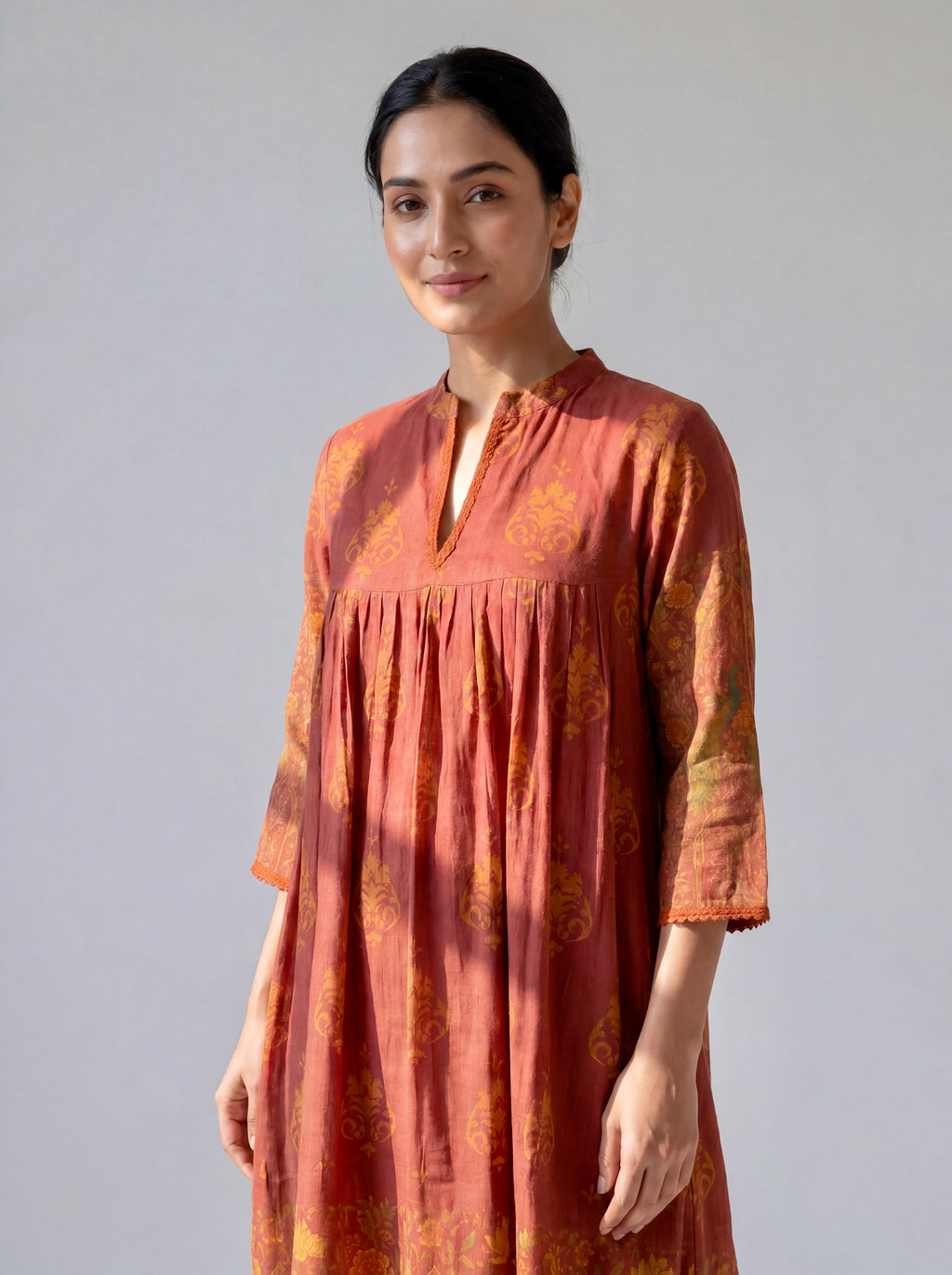 Terracotta Handblock Printed Cotton Dress with Gathered Yoke and Mandarin Neckline