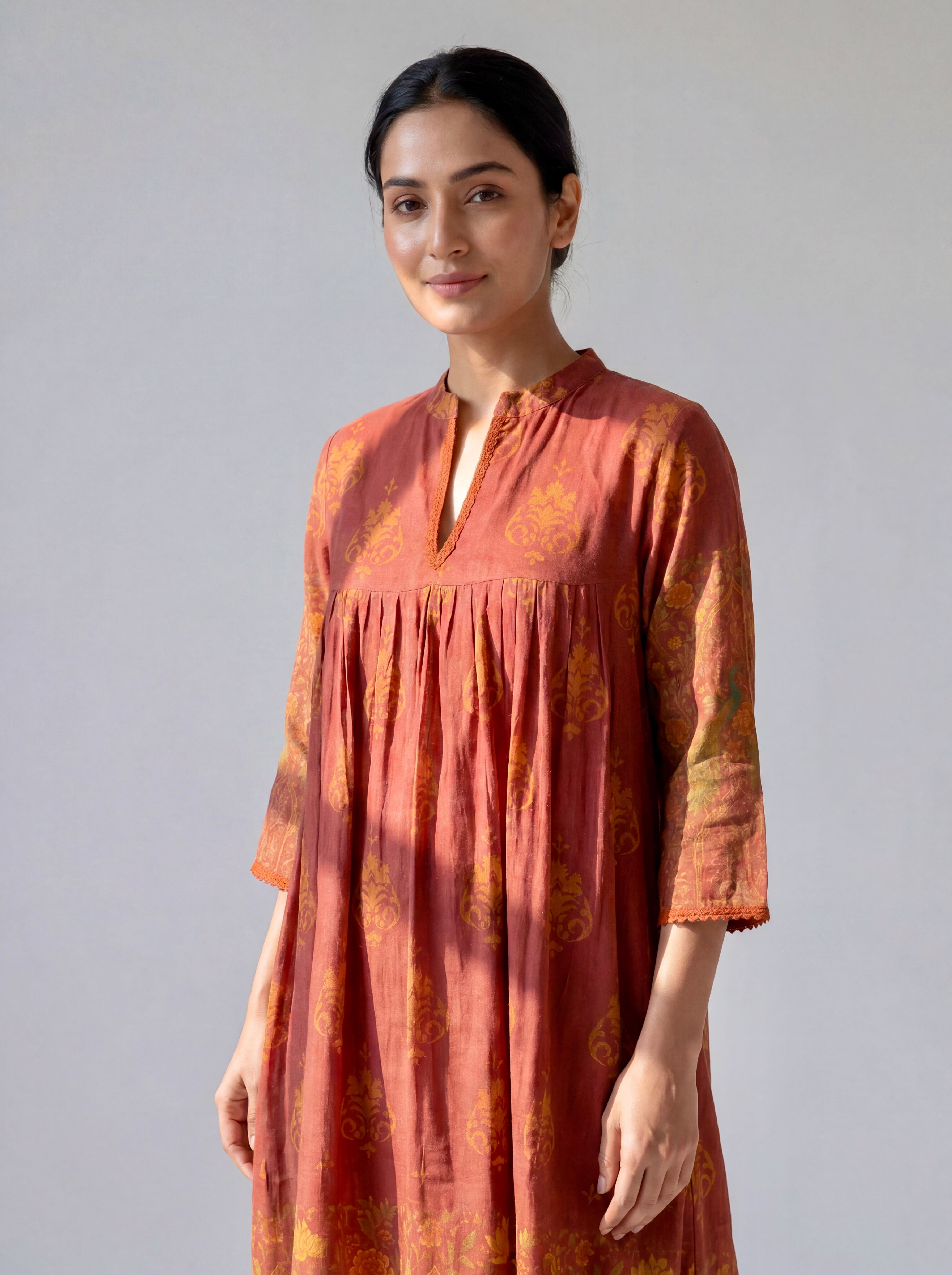 Terracotta Handblock Printed Cotton Dress with Gathered Yoke and Mandarin Neckline