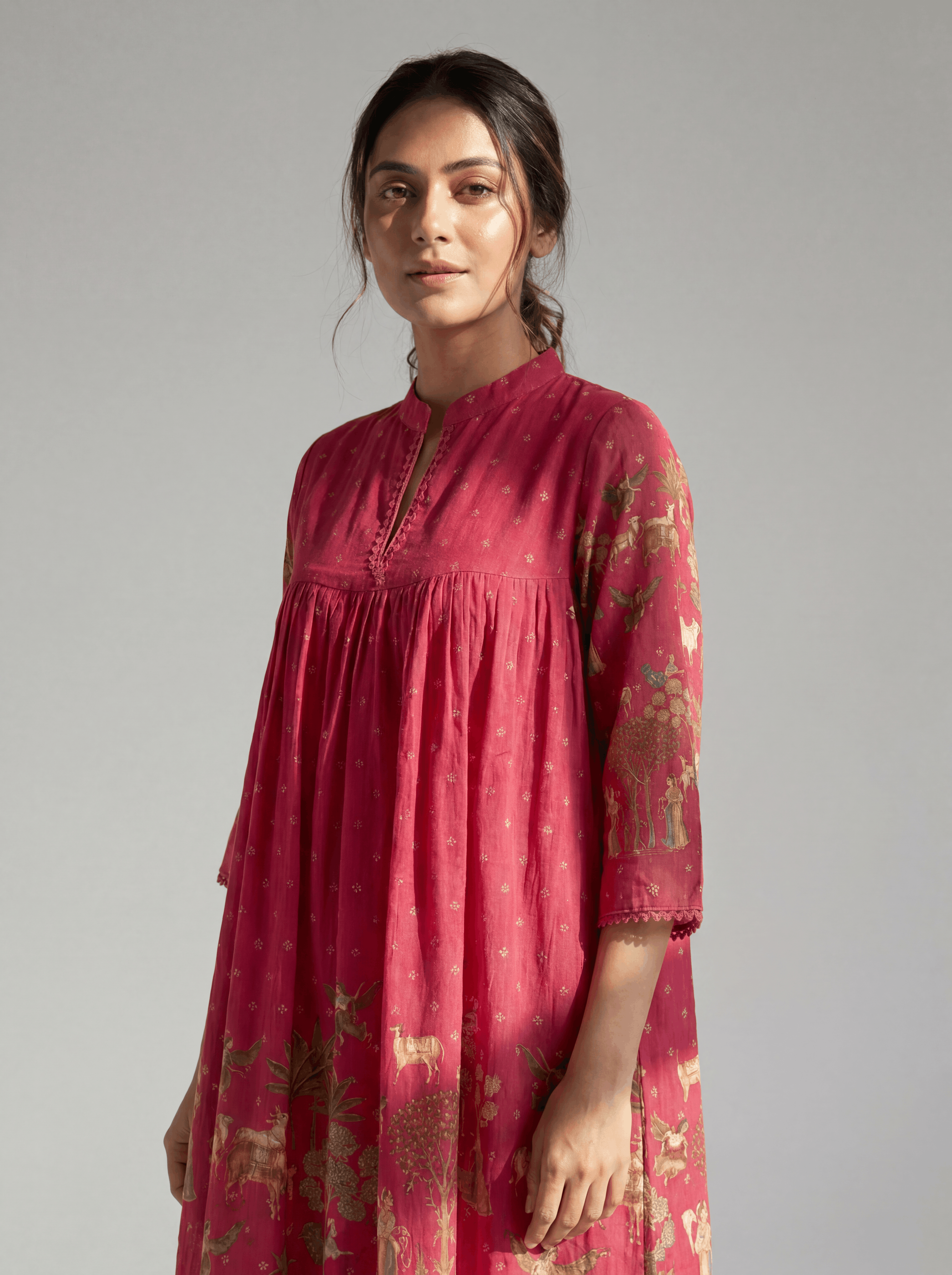 Raspberry Pink Heritage Printed Cotton Dress with Gathered Yoke and Lace Accents
