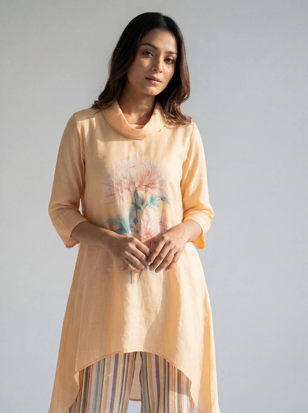 Peach Floral Printed Co-ord Set with Asymmetric Top and Striped Straight Pants